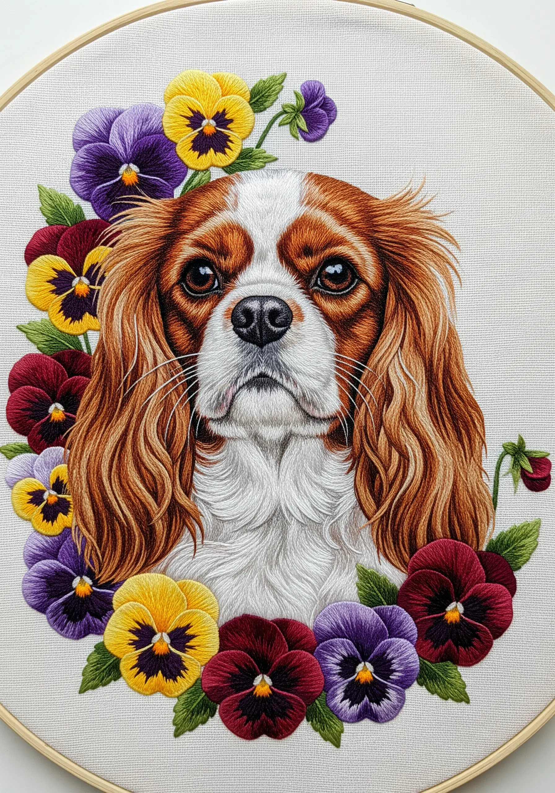 Detailed embroidered portrait of a Cavalier King Charles Spaniel with long, wavy ears.