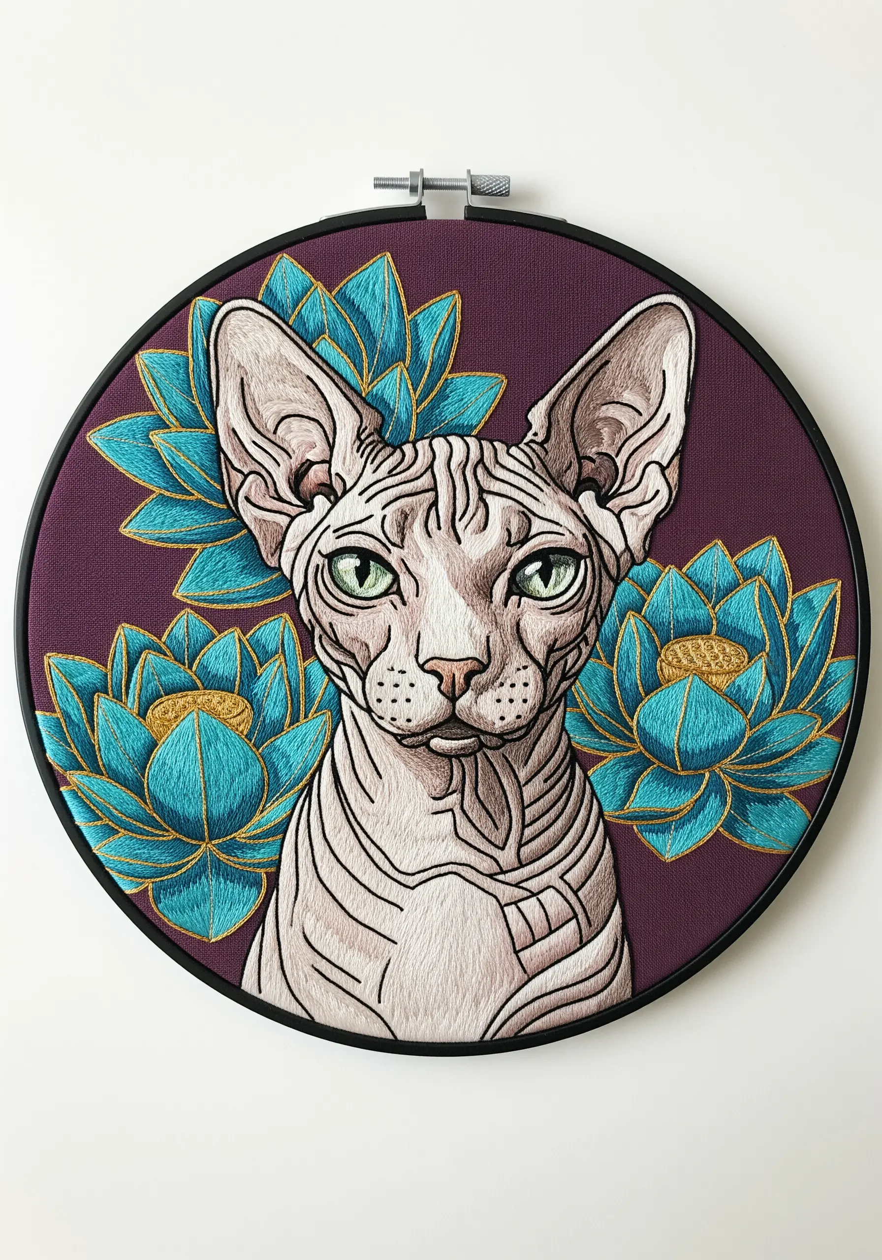 Embroidered portrait of a Sphynx cat with detailed skin wrinkles, framed by blue lotus flowers.