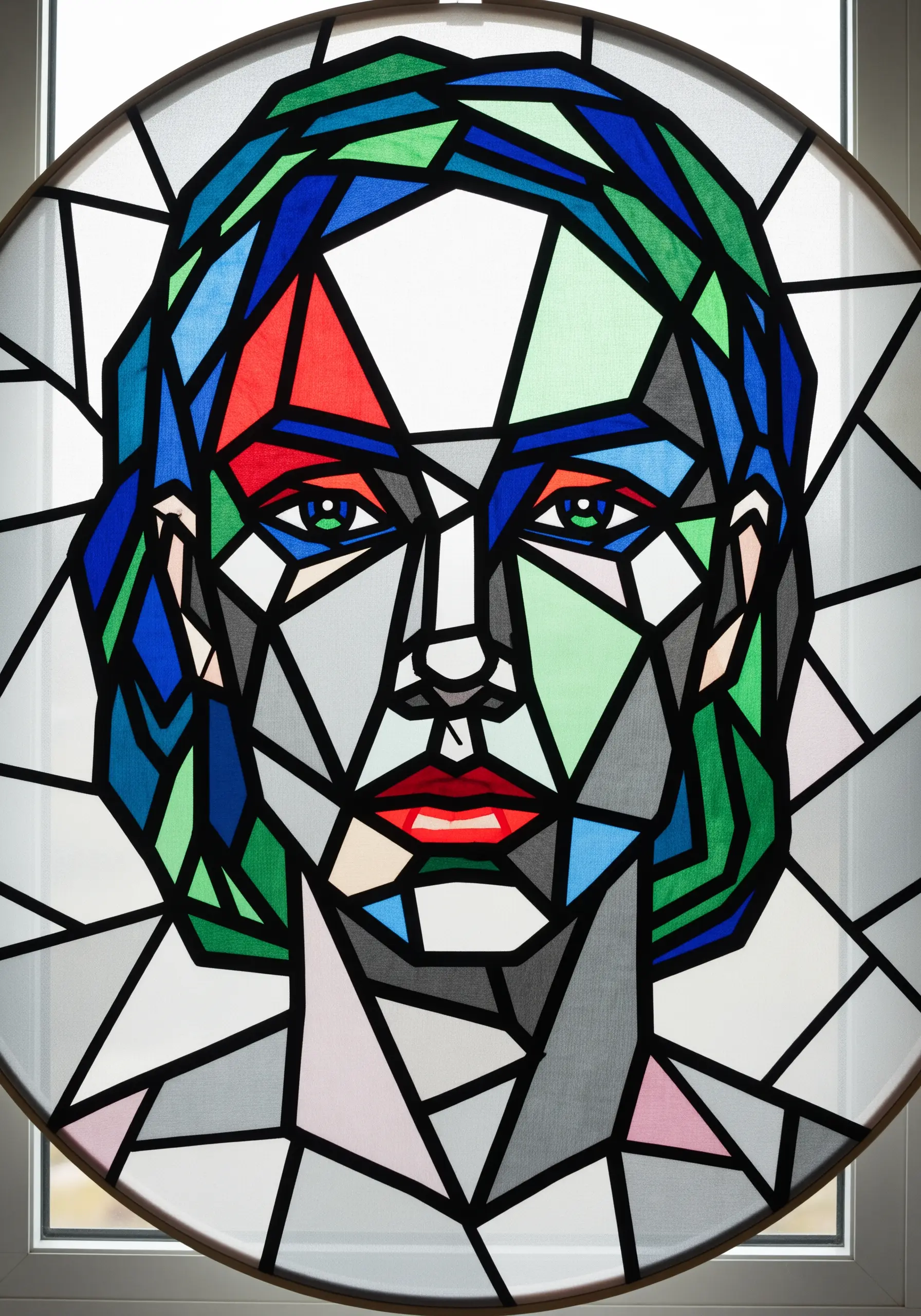 Portrait with a stained-glass effect, using geometric fabric pieces and bold black outlines.