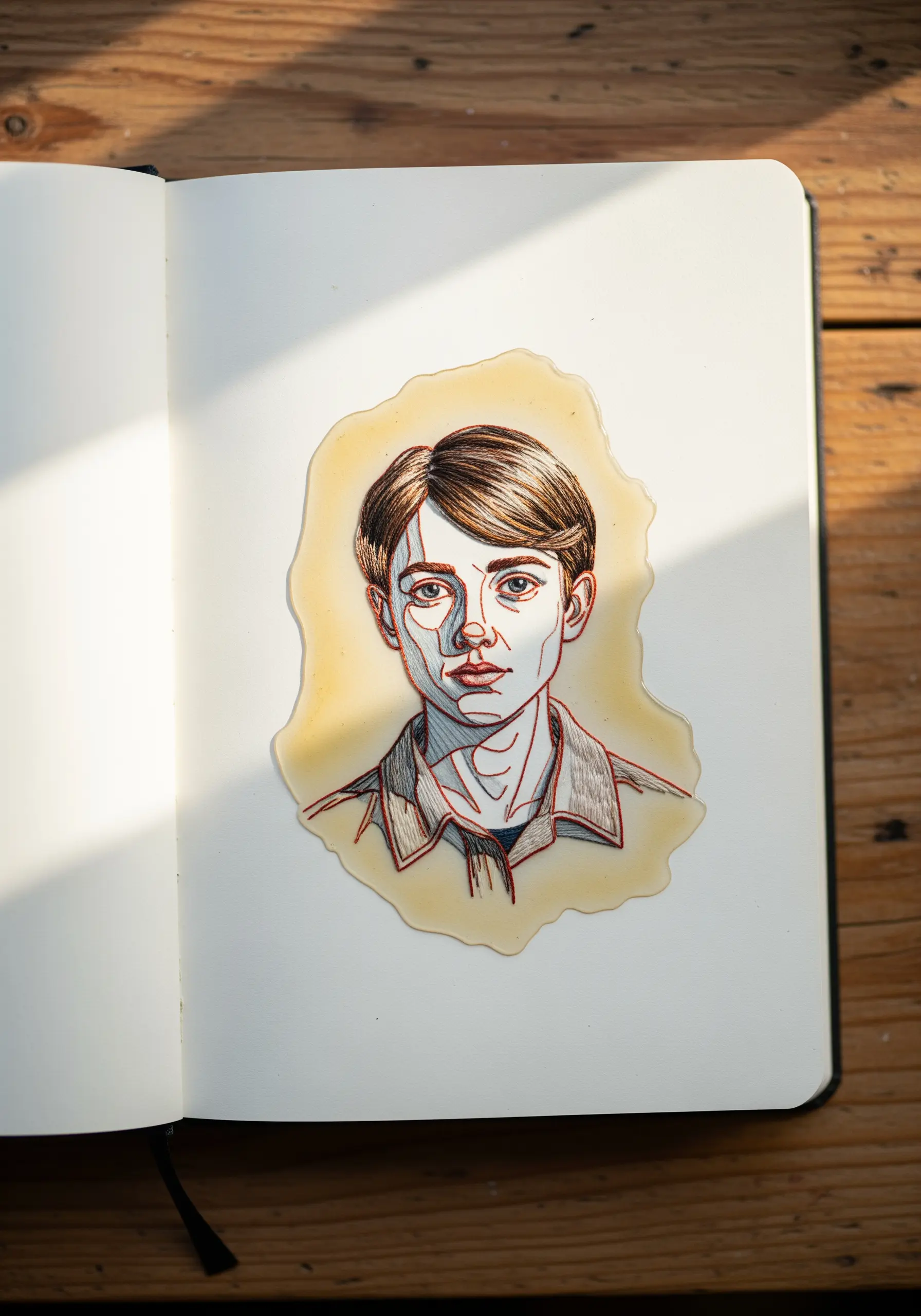 An embroidered line-art portrait on a transparent surface coated in resin, inside a notebook.