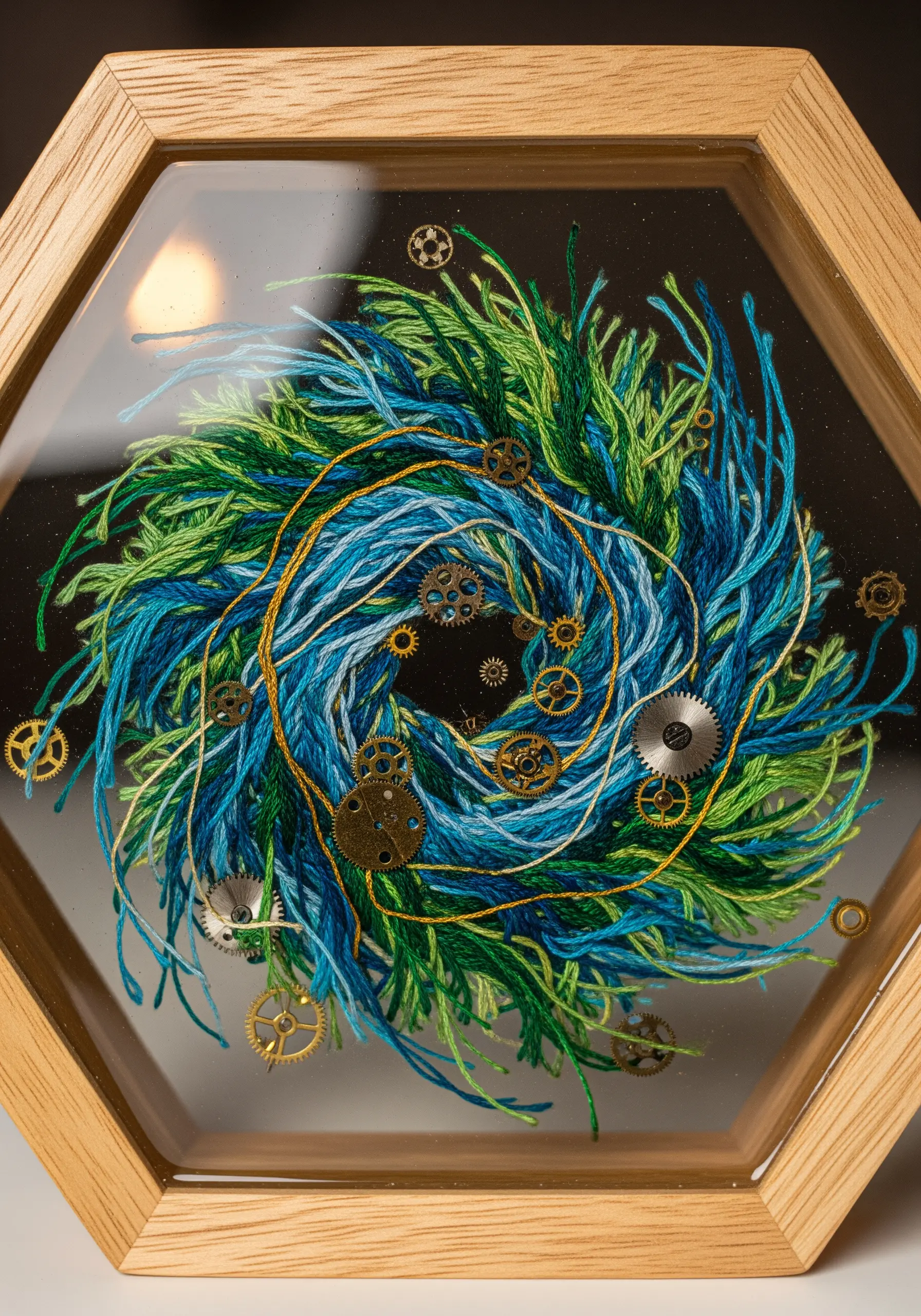 Hexagon frame with swirling blue/green thread and gears in resin