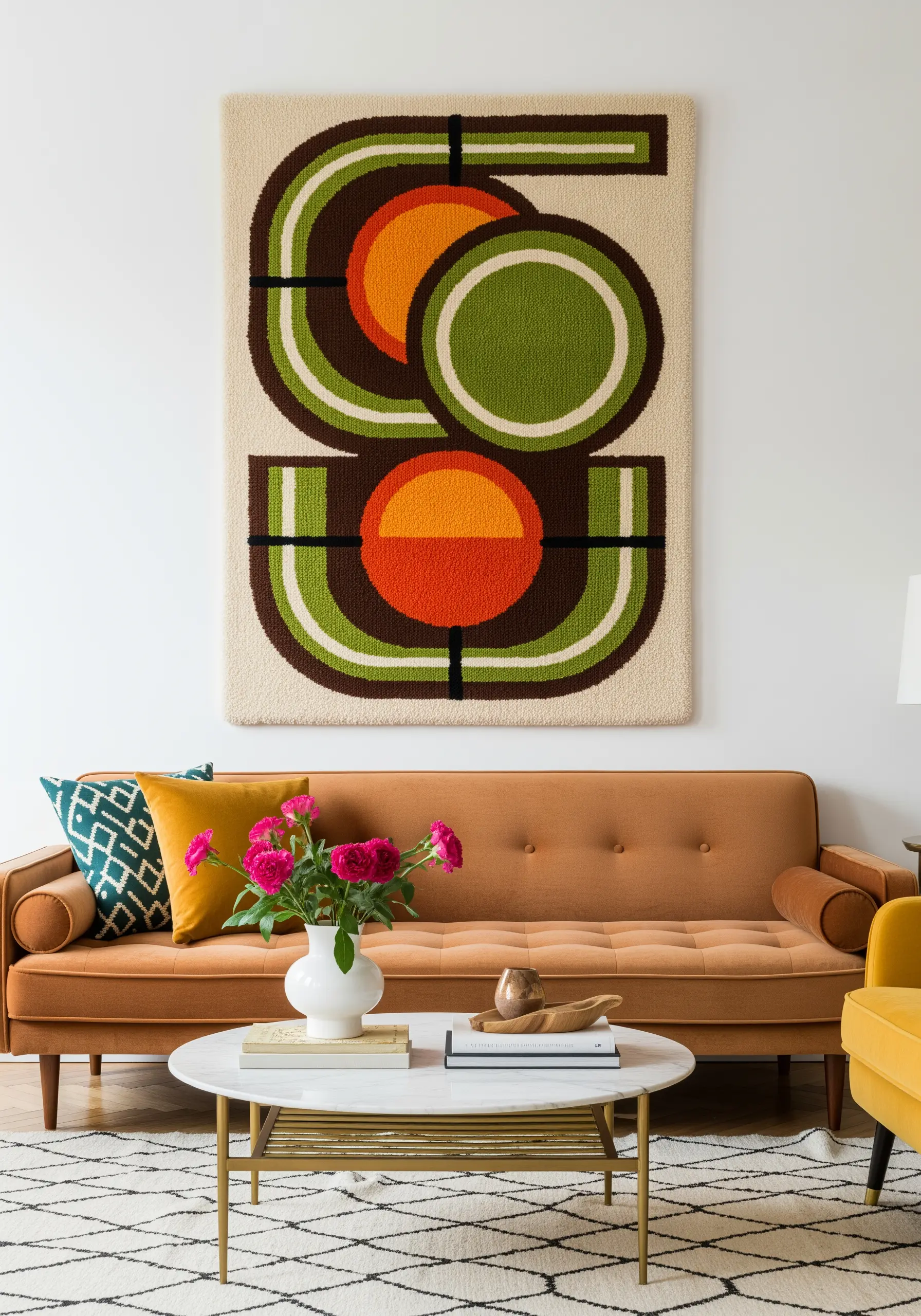 A rectangular latch hook wall hanging with a bold, 70s-inspired geometric design in green, orange, and brown.
