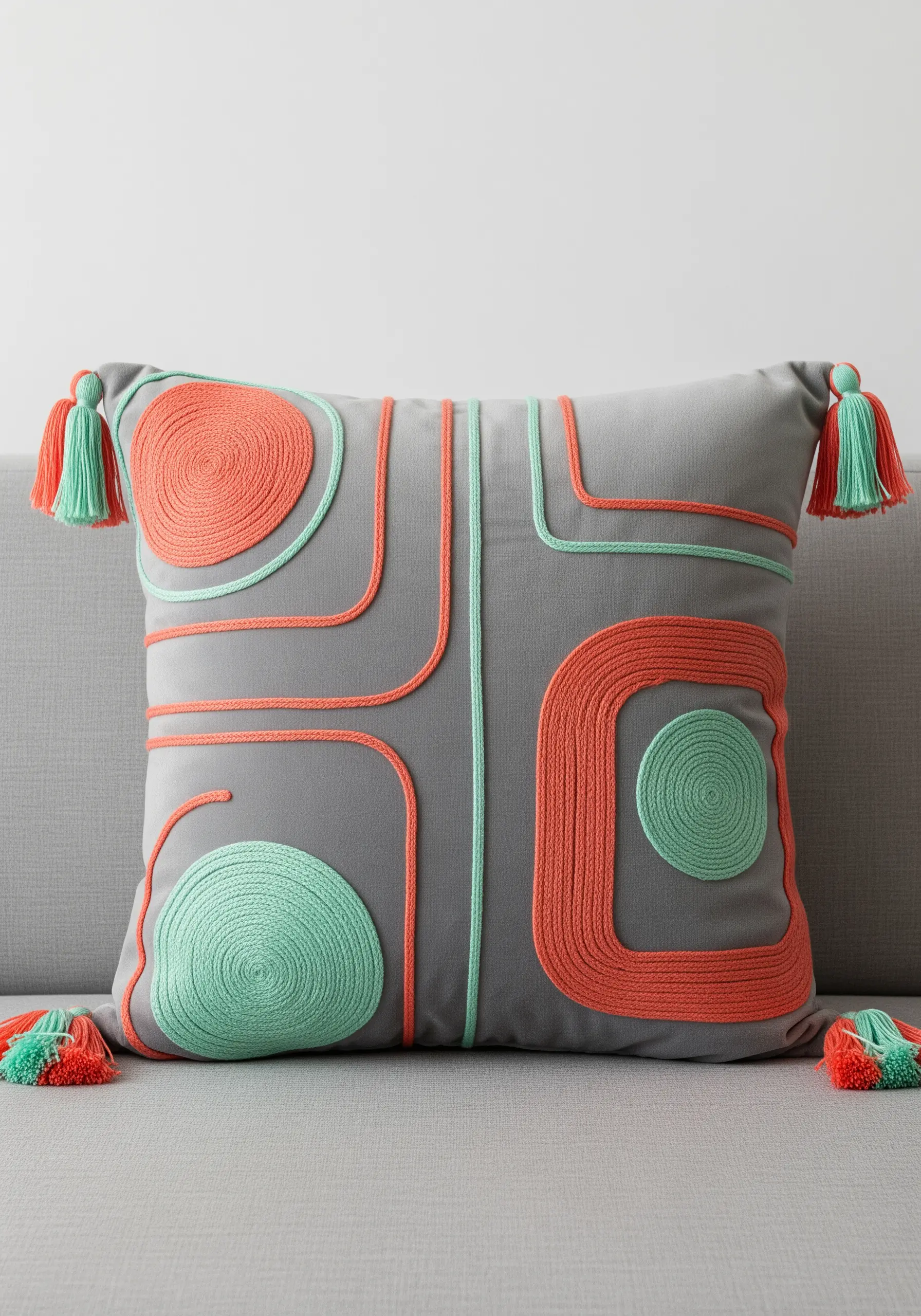 A gray pillow with abstract shapes in coral and mint green, created with couched yarn.
