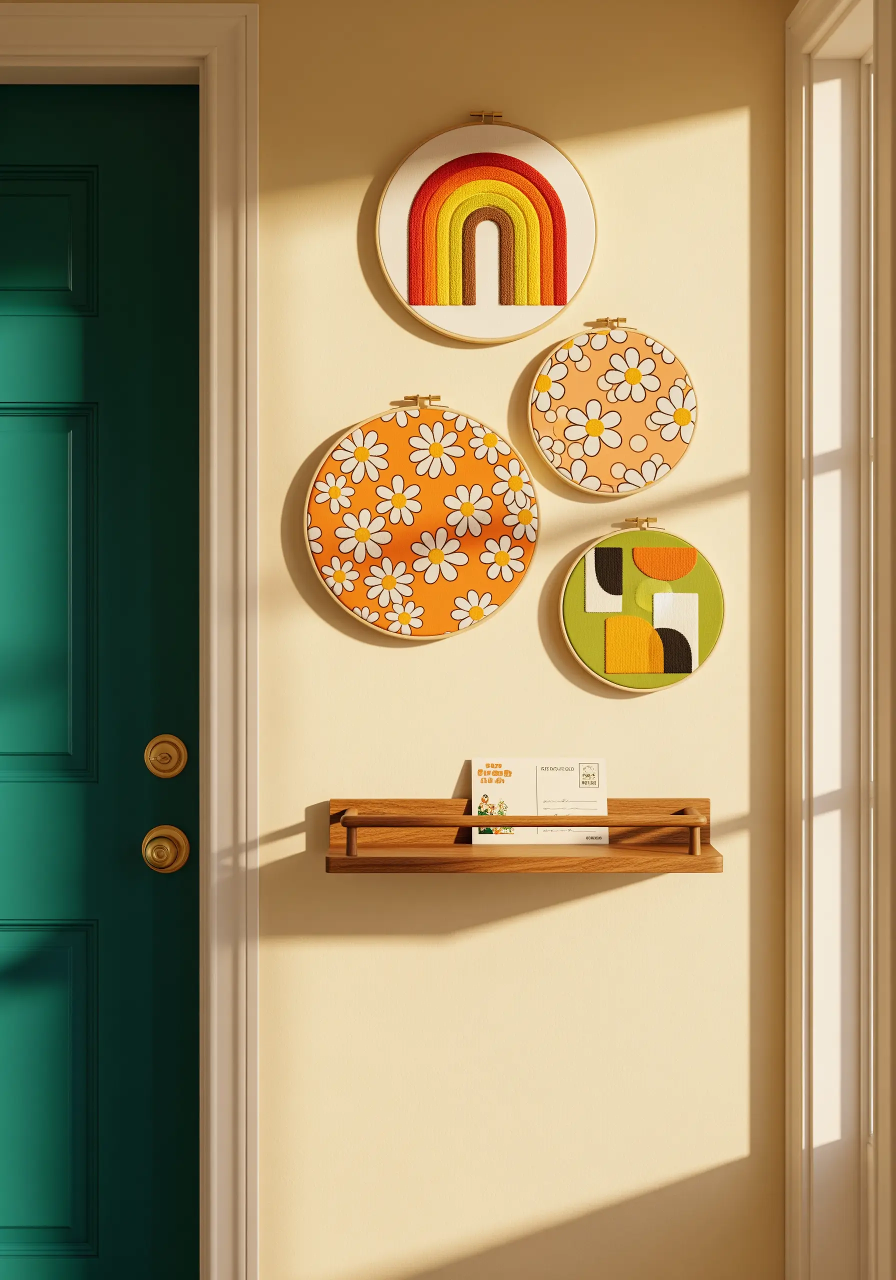 A collection of retro 70s-style embroidery hoops with a rainbow and daisy patterns.