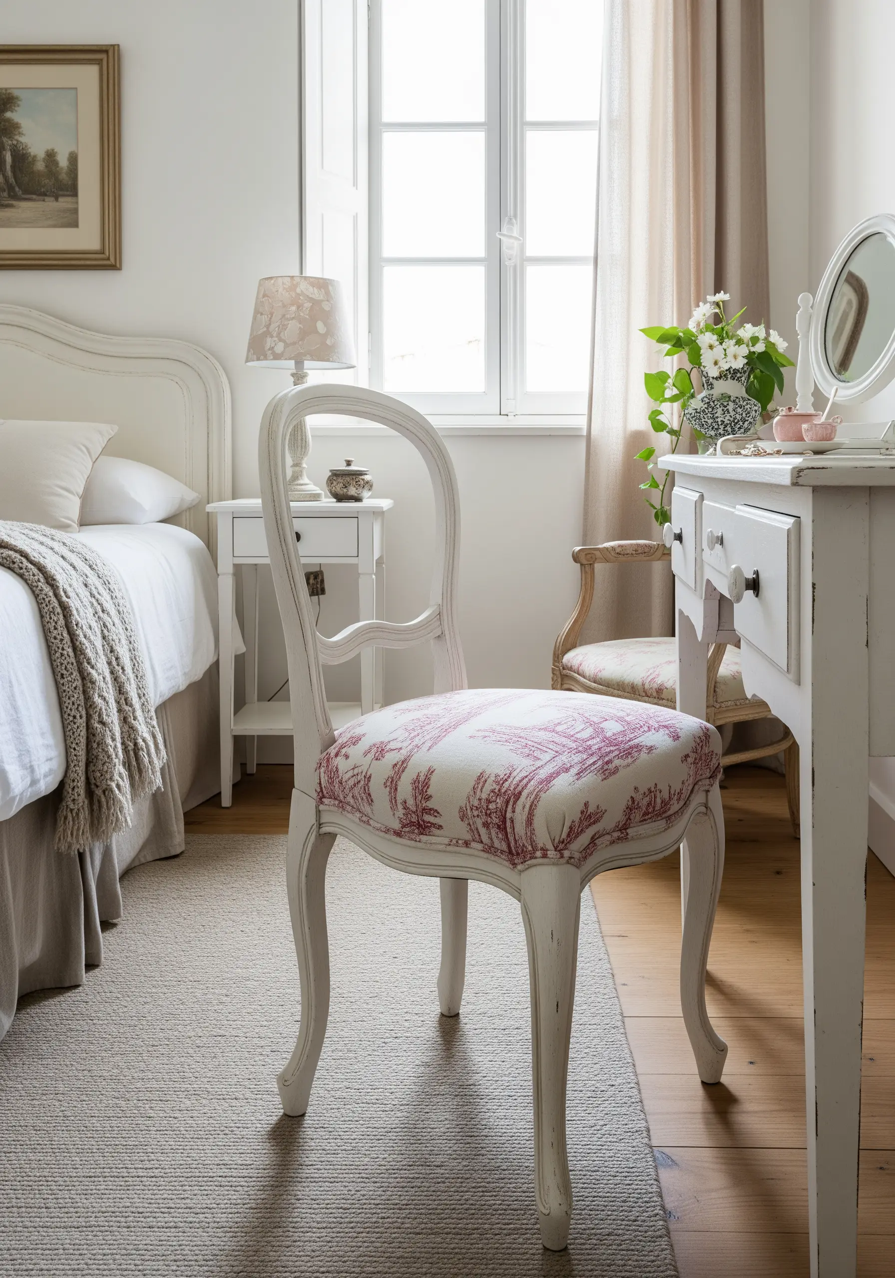 A vintage white chair reupholstered with fabric featuring a red toile-style embroidered pattern.