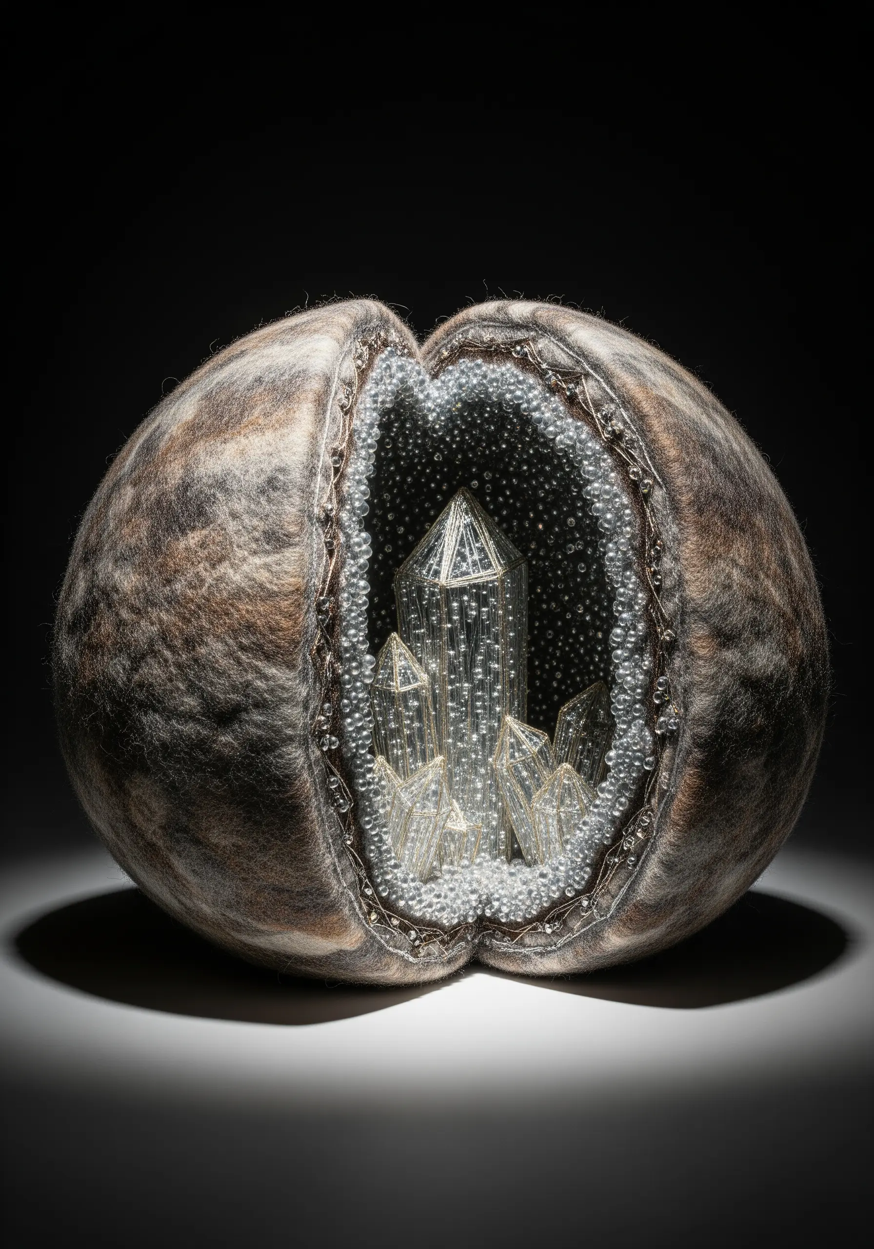 A felted, rock-like sculpture cut open to reveal a shimmering interior of beads and crystals.