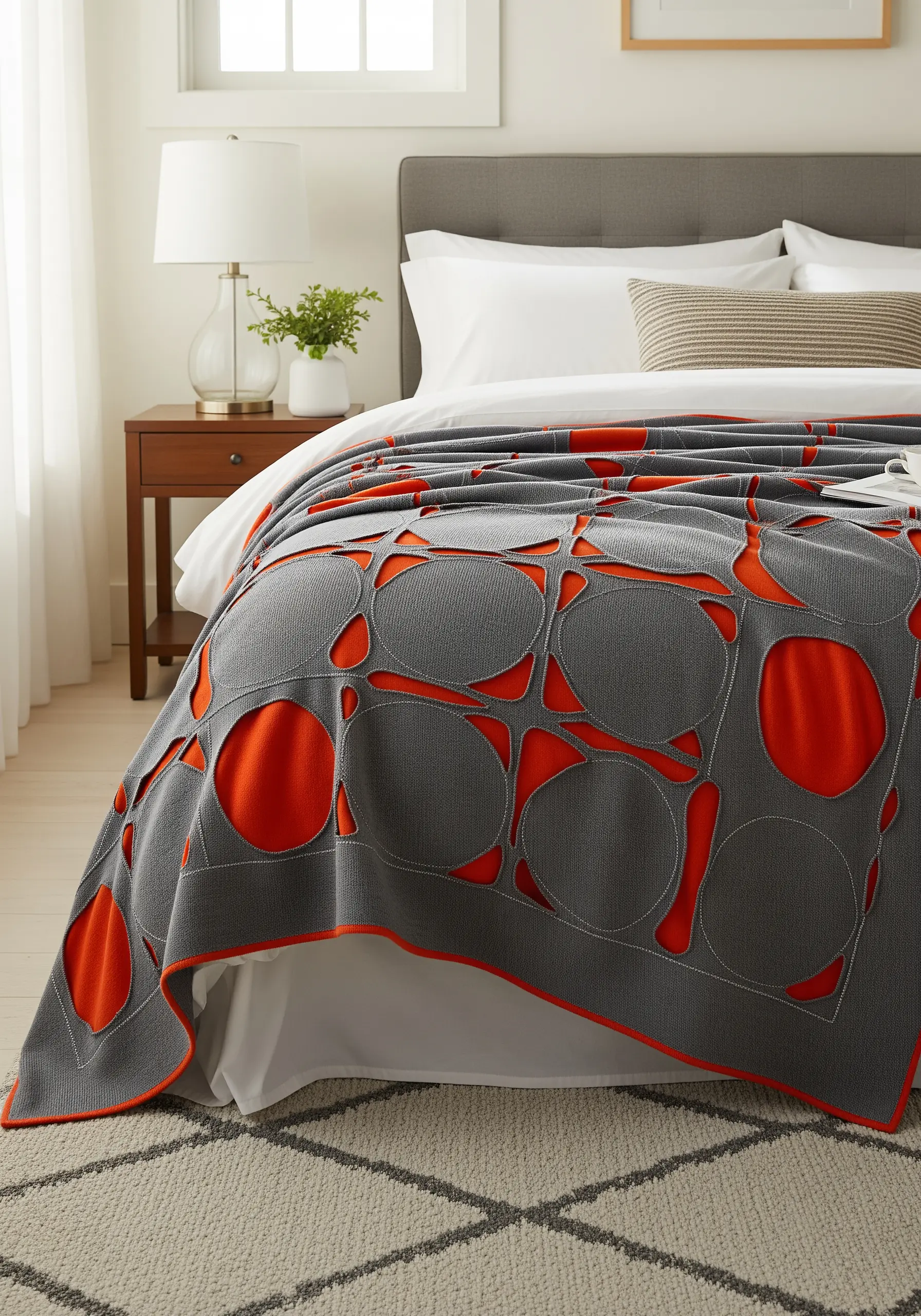 A grey knit blanket with circular cut-outs revealing a bright orange layer underneath.