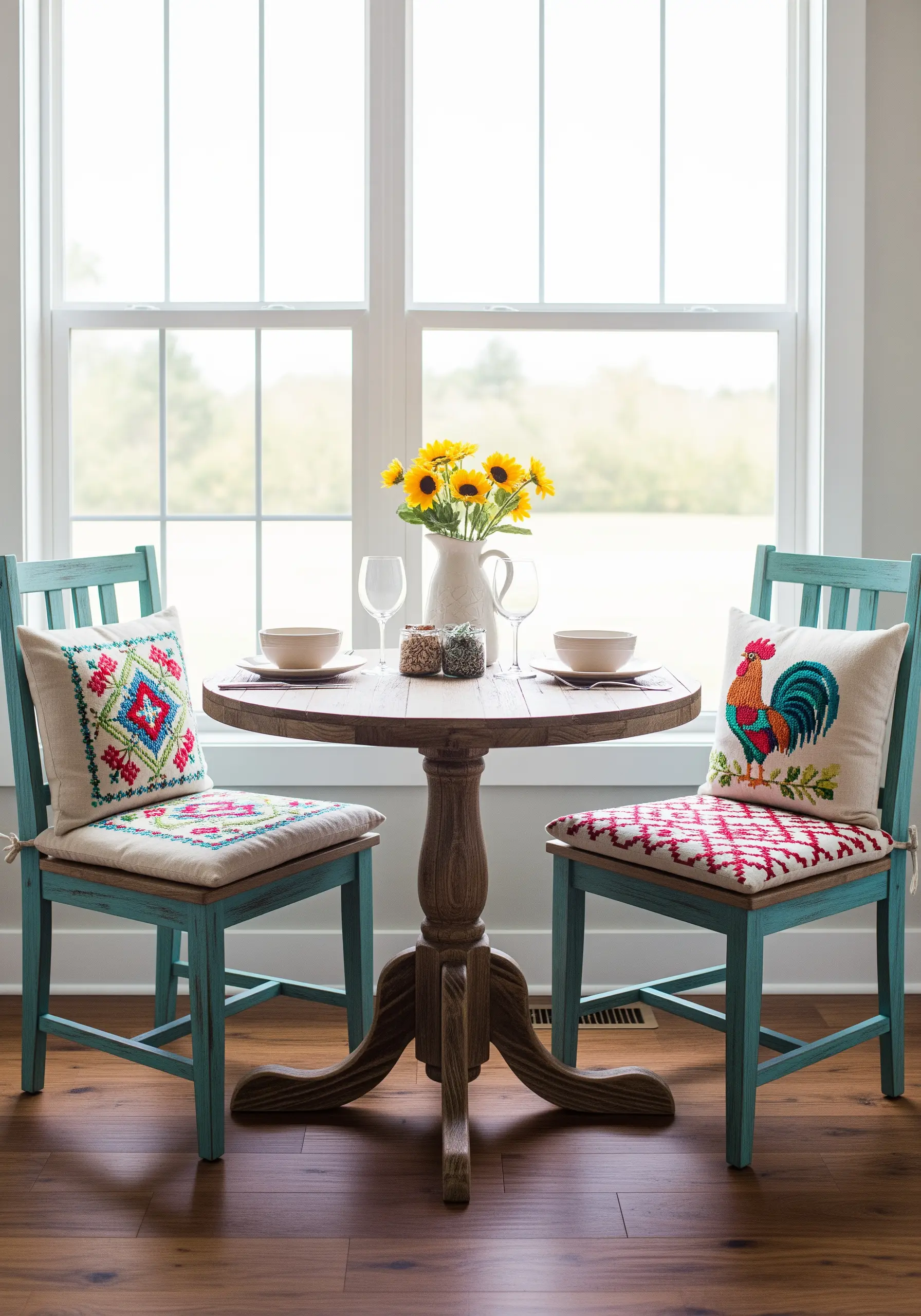 Two turquoise chairs with brightly embroidered seat cushions featuring folk art designs.