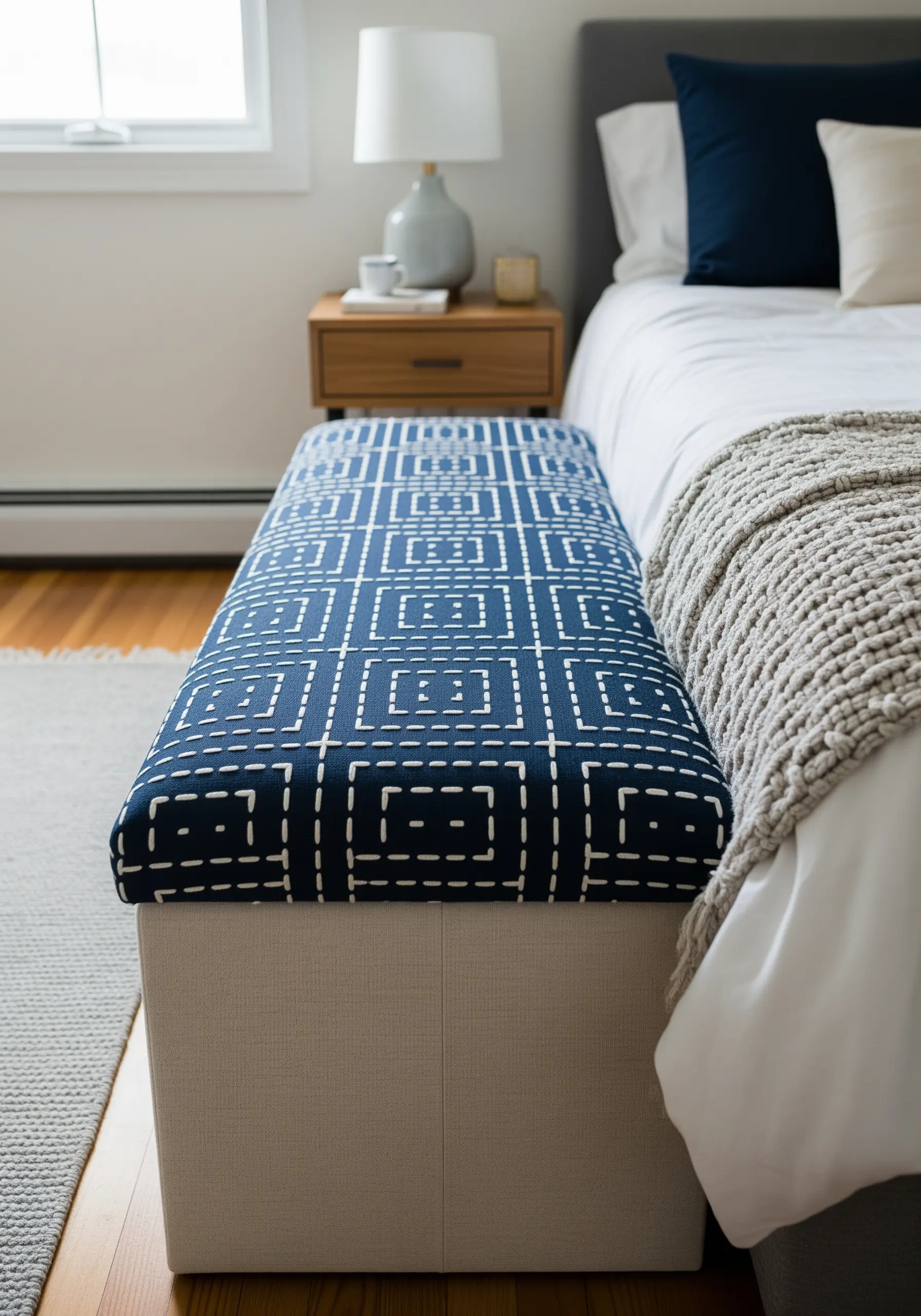 Upholstered bench with a white geometric running stitch pattern on blue fabric.