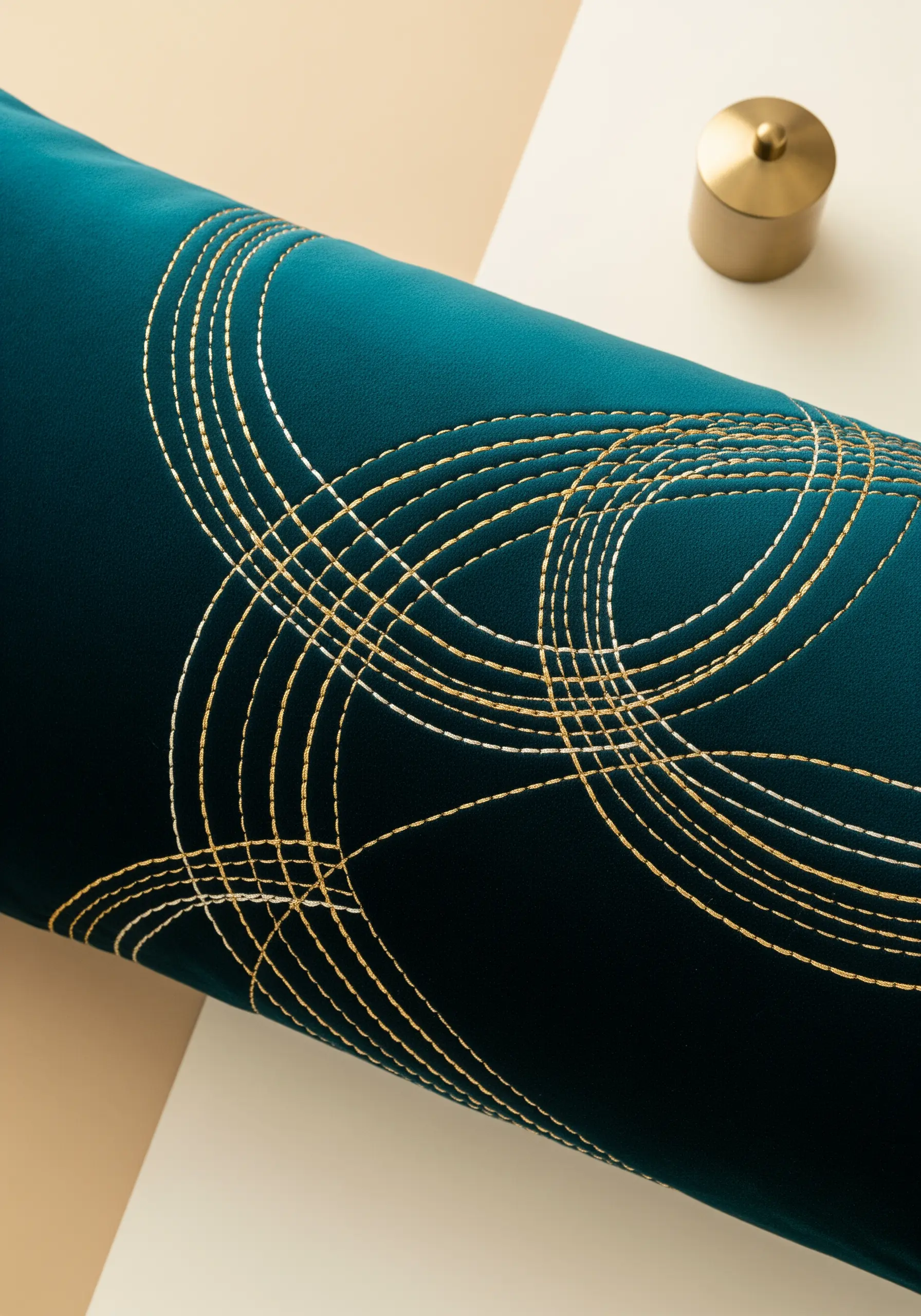 Glimmering gold metallic threads stitched in overlapping arcs on a teal velvet pillow.