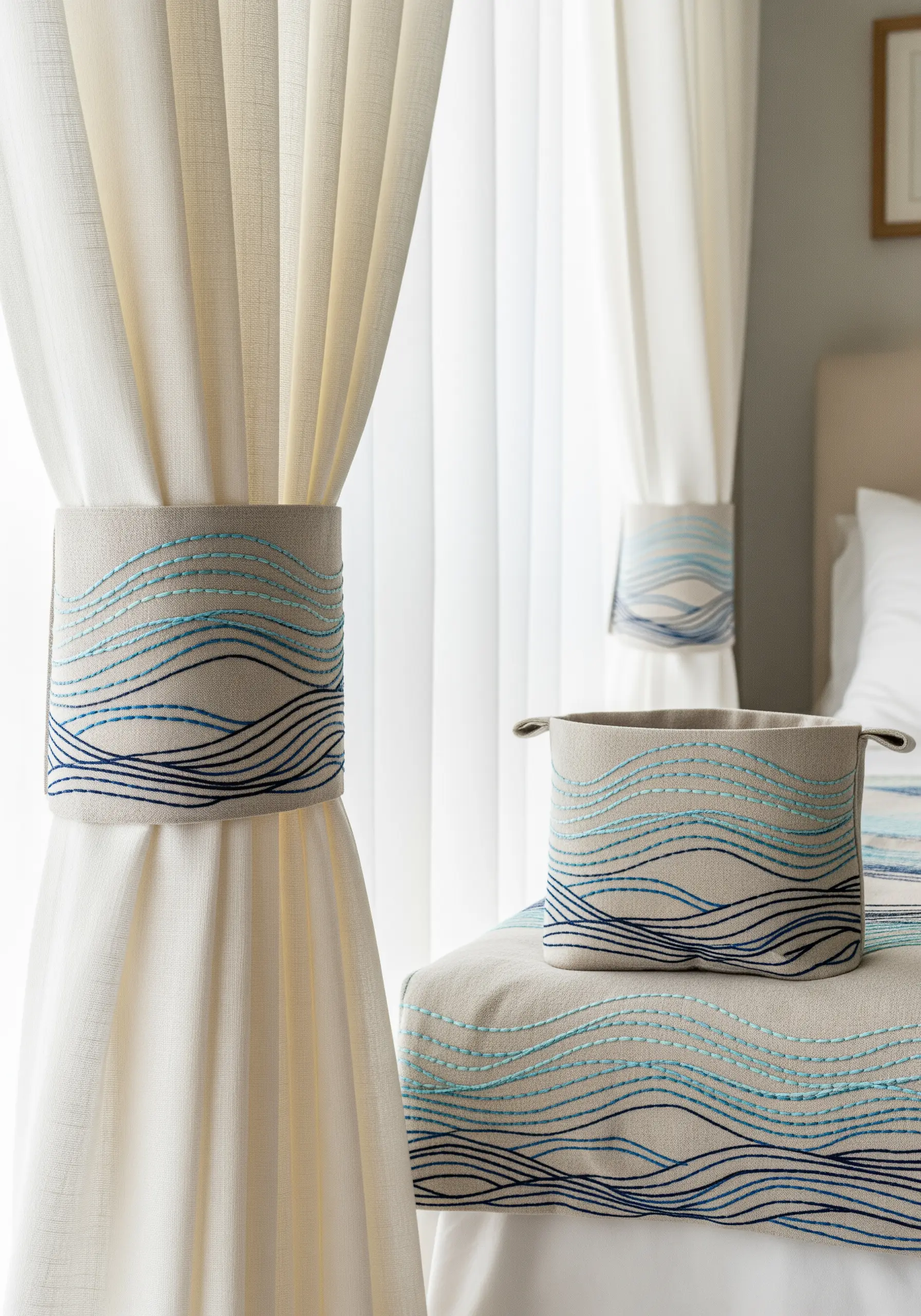 Embroidered ocean waves in shades of blue on a curtain tie-back and fabric basket.