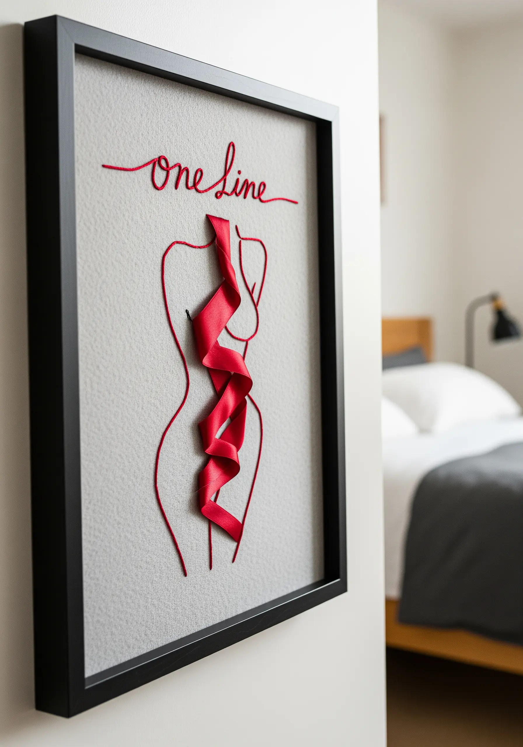 Minimalist female figure with red thread and ribbon