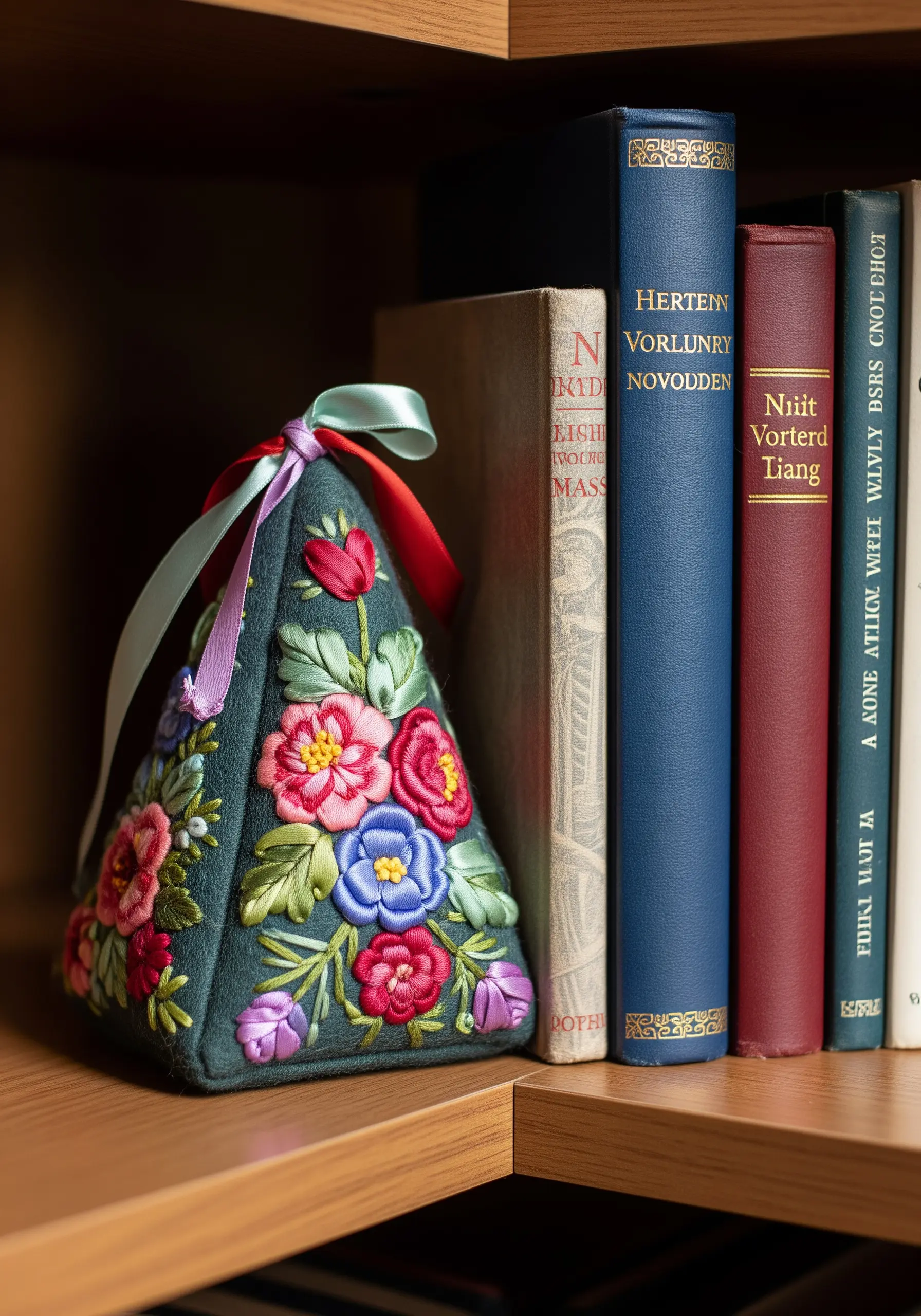 Pyramid-shaped fabric weight with 3D ribbon embroidery flowers