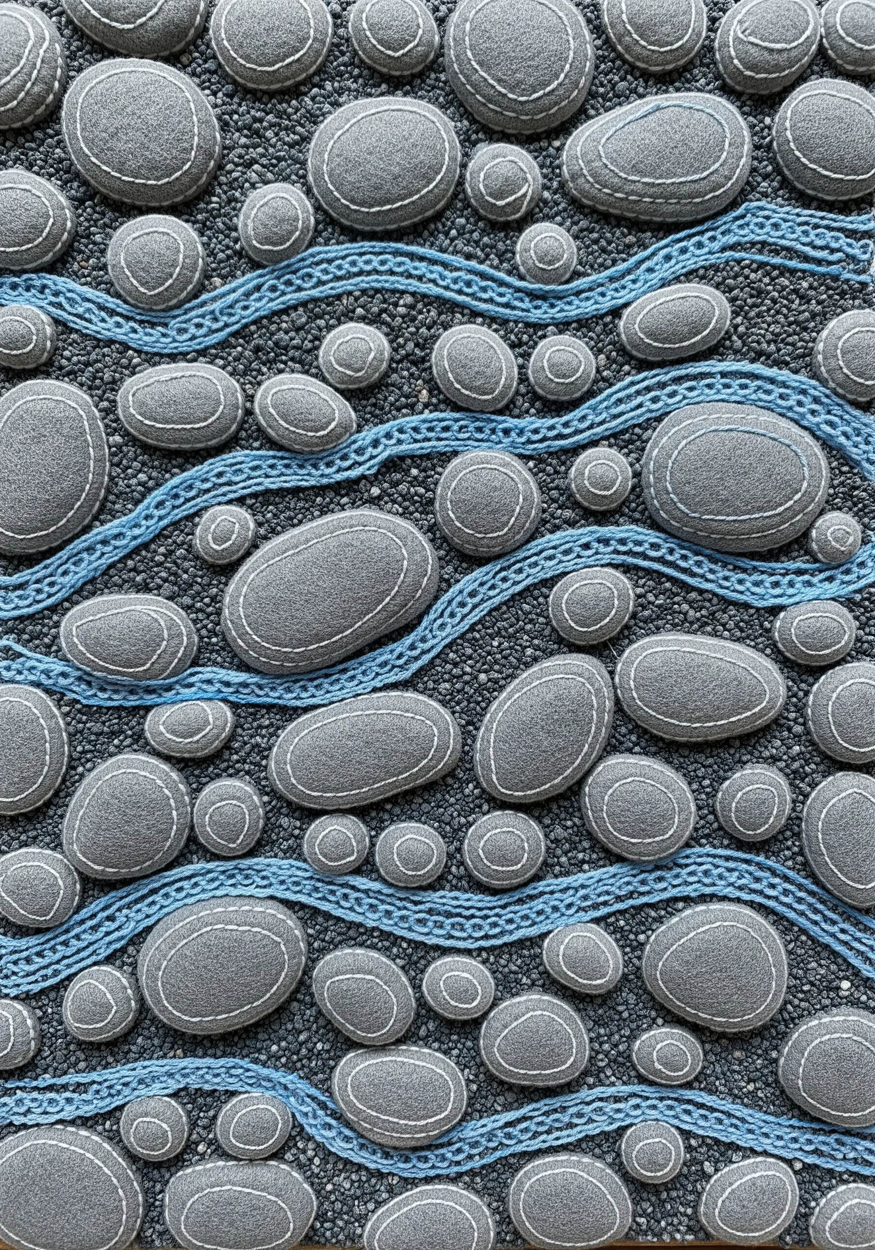 Textile art of grey felt river stones outlined in white, with blue chain stitch water.