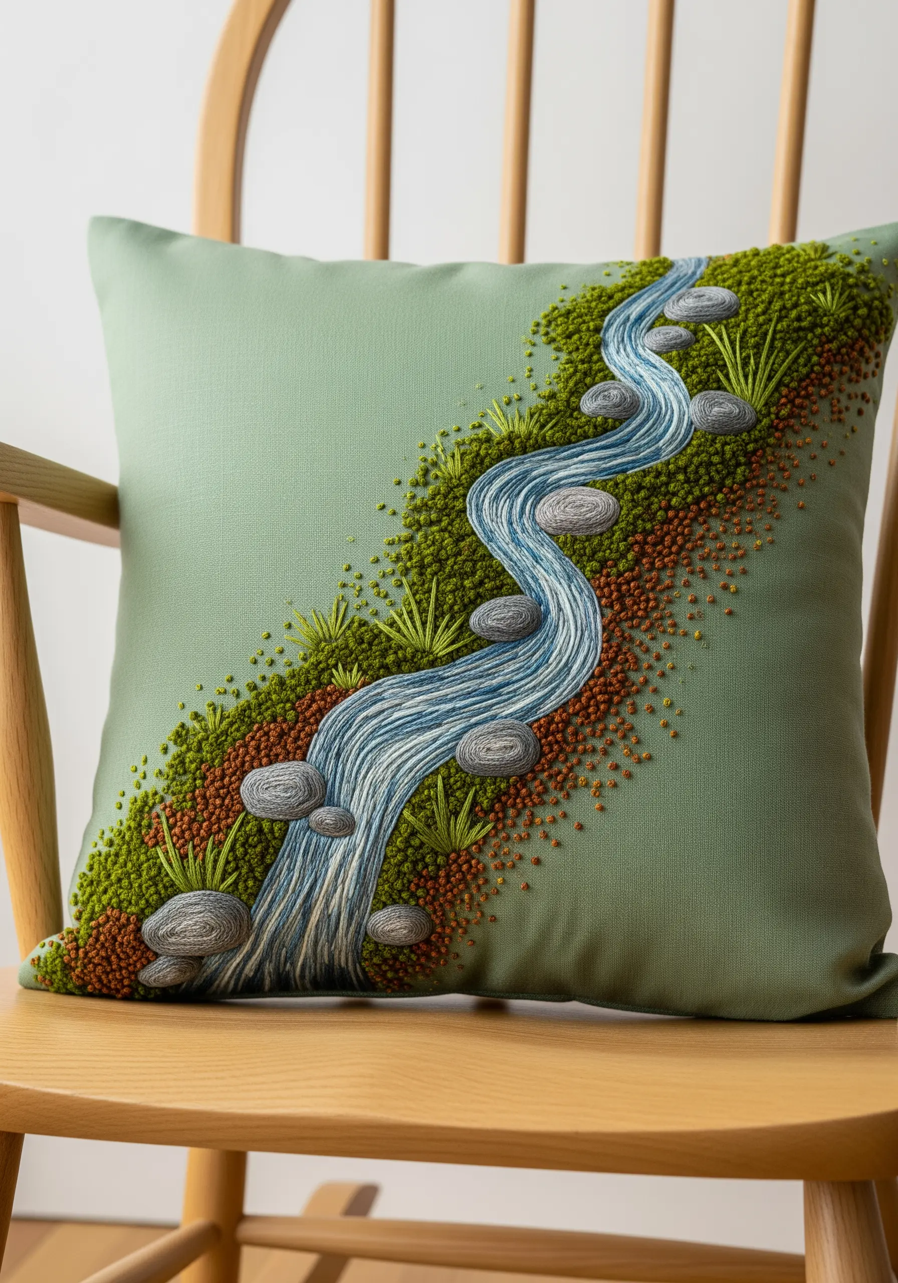 Embroidered river flowing through mossy banks made of French knots on a green pillow.