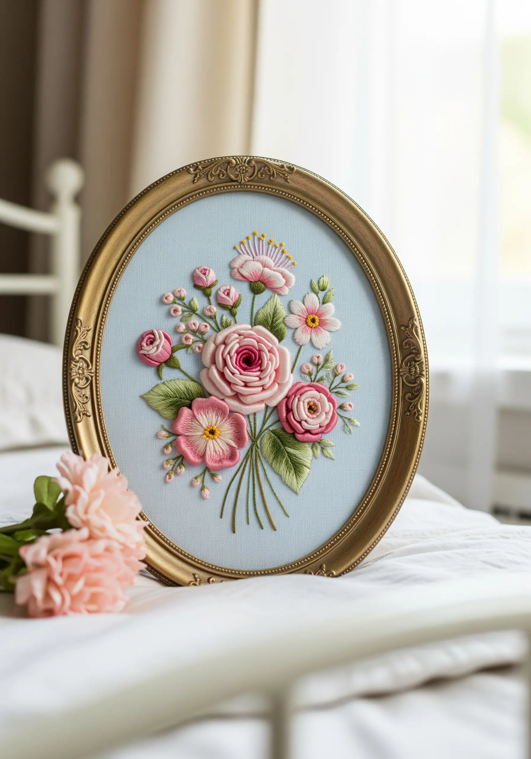 An oval-framed bouquet of 3D pink roses made with silk ribbon embroidery techniques.