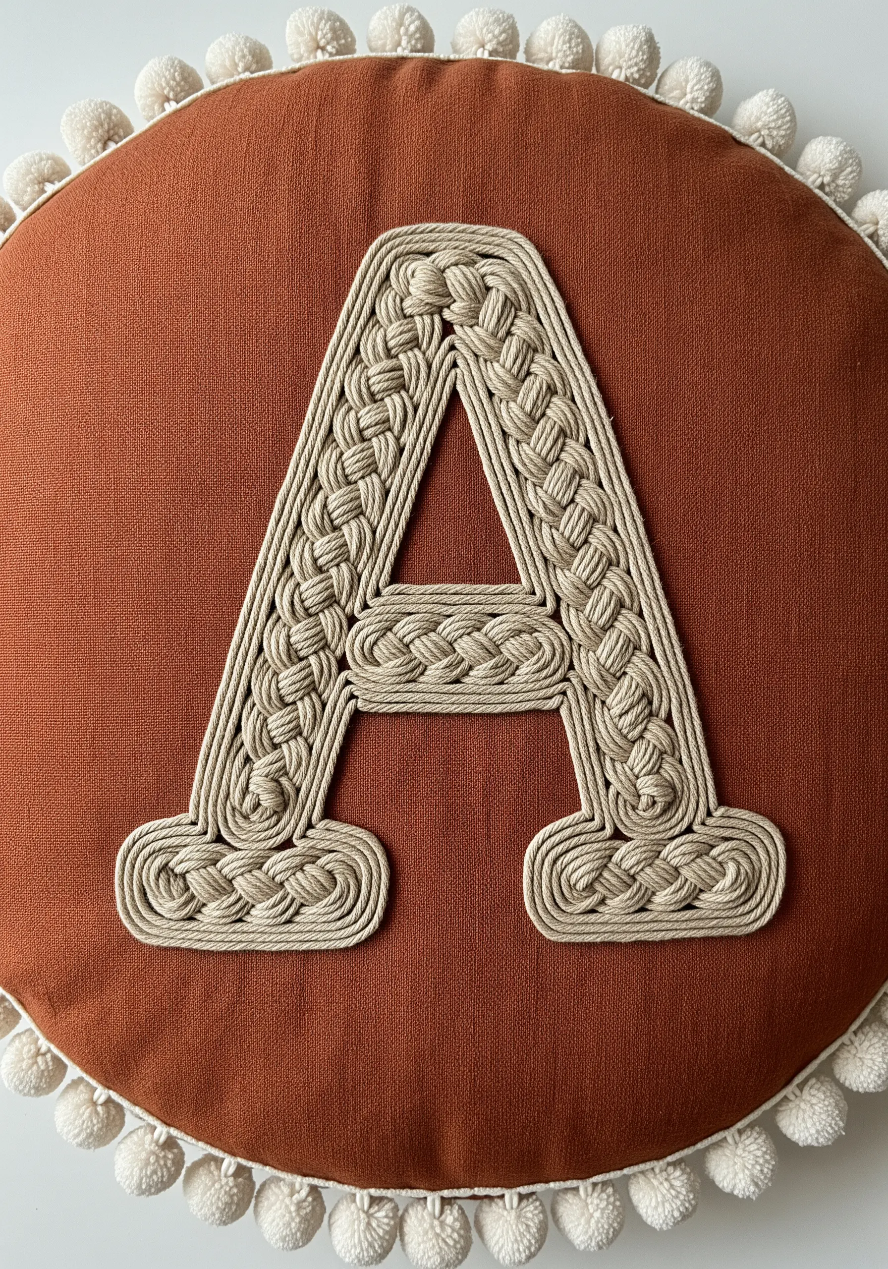 Rust orange round pillow with cream rope macrame letter A