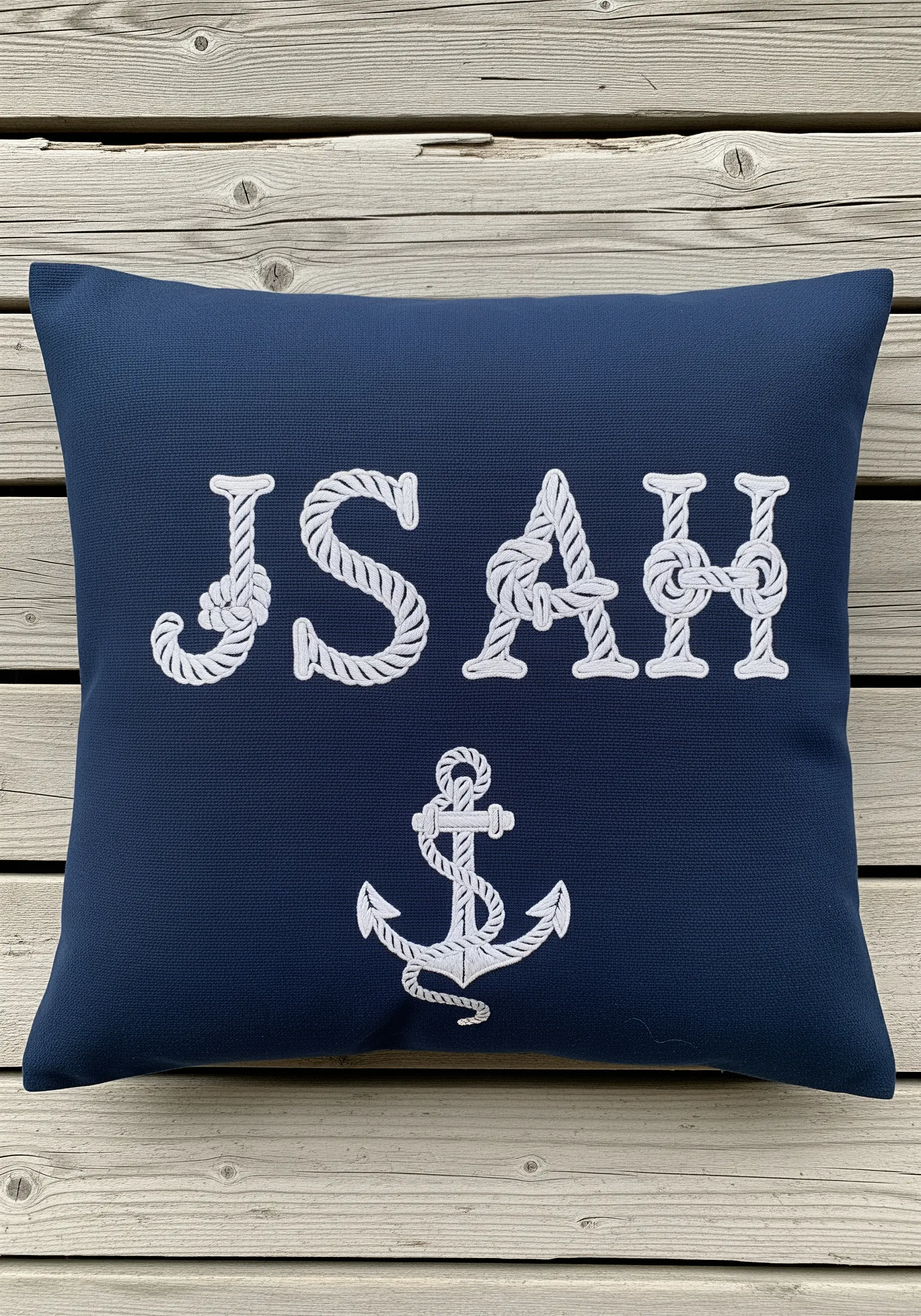 Navy blue pillow with white rope-style font embroidery JSAH