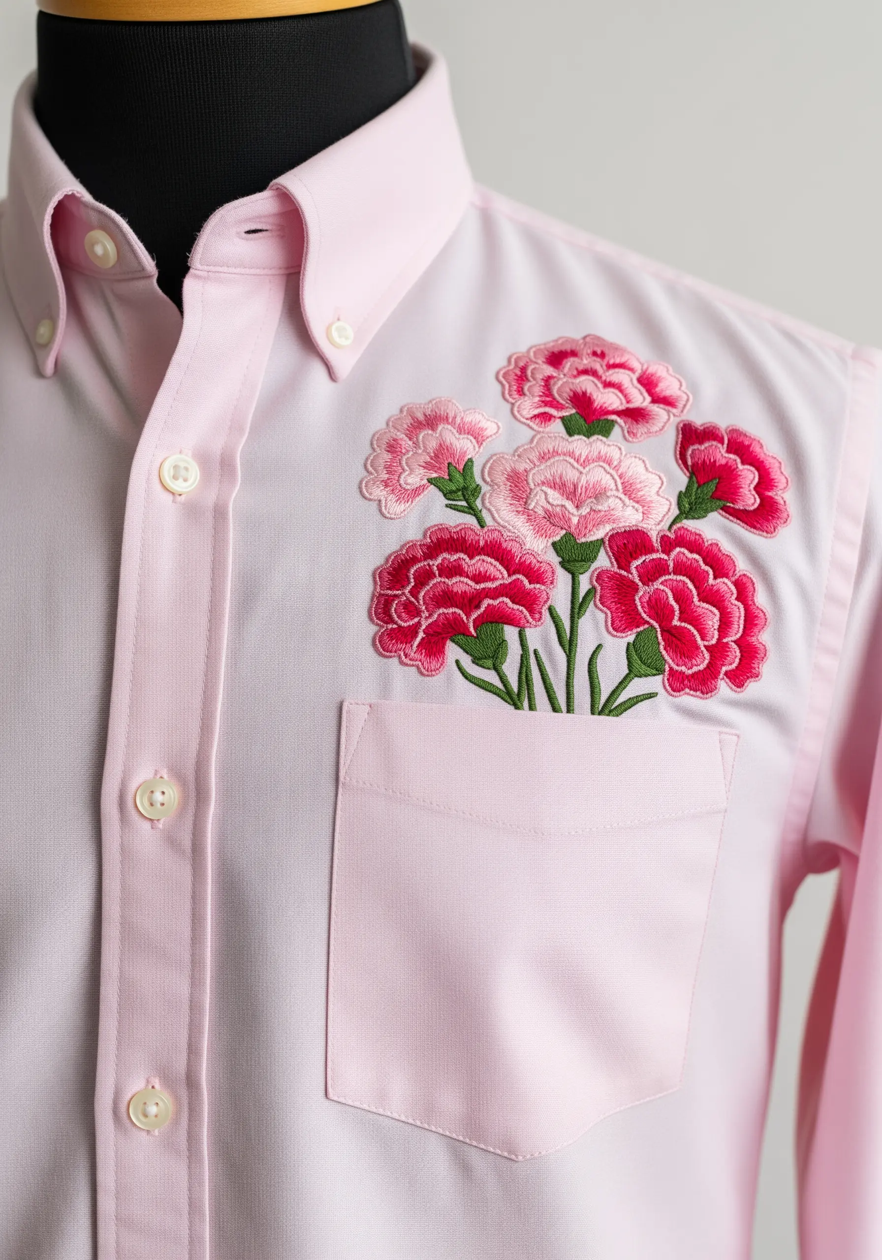 A bouquet of pink and red carnations with textured, ruffled petals on a pink shirt.