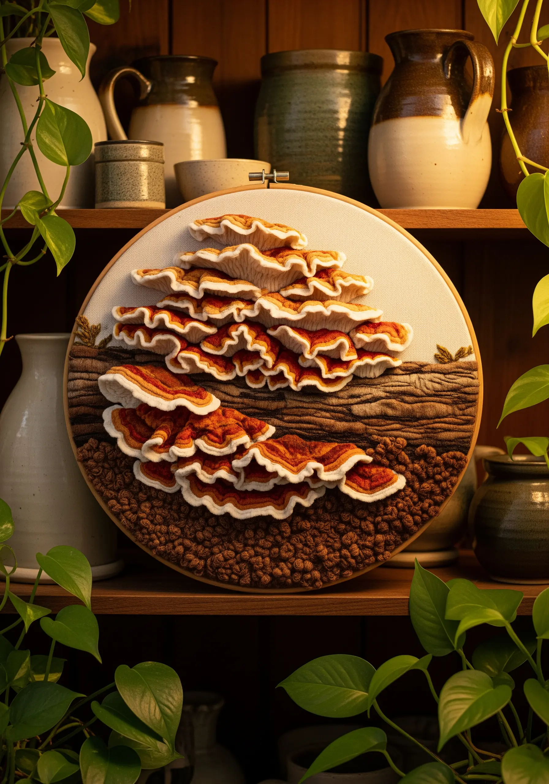 Highly dimensional embroidery of orange and white shelf mushrooms growing on a log.