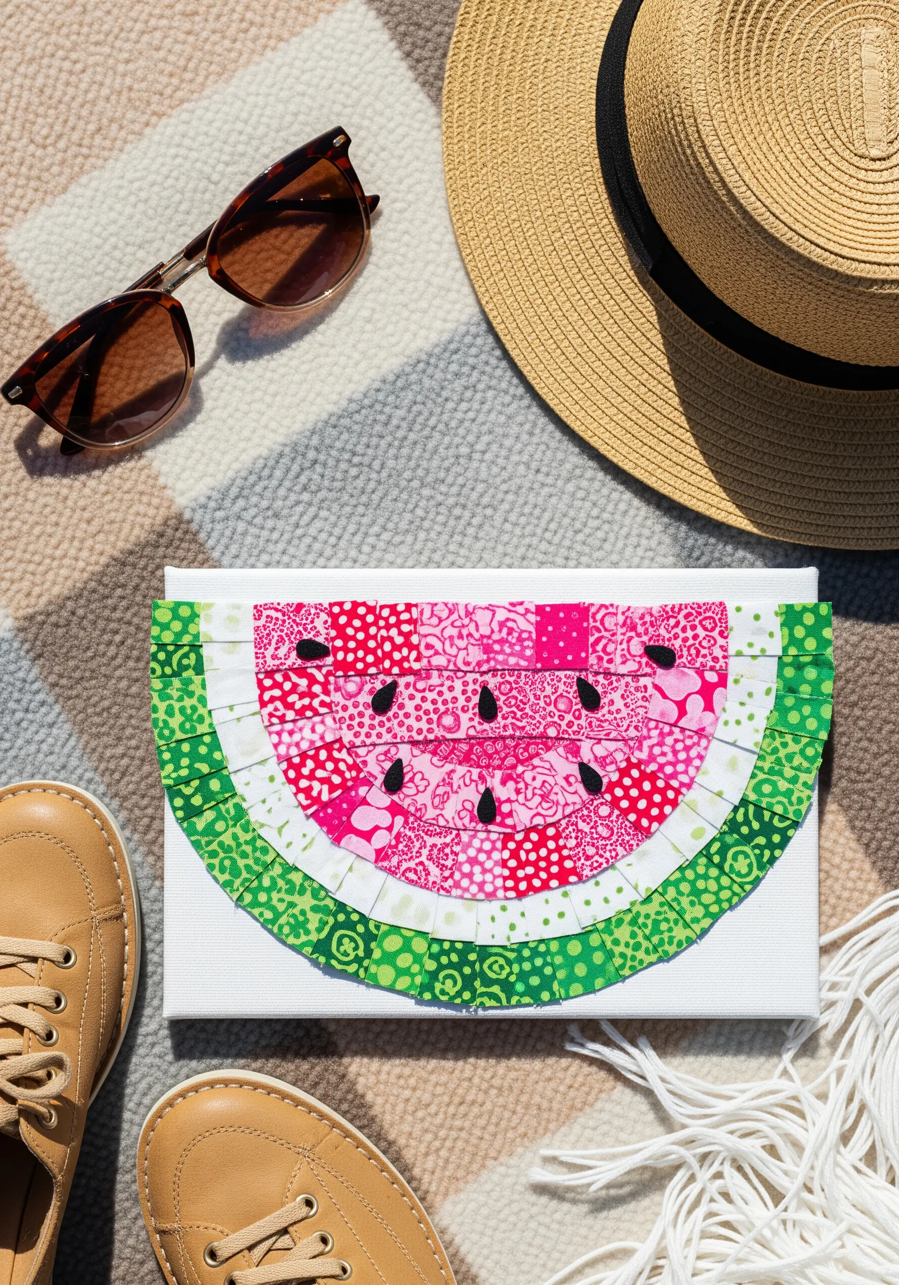 A fabric collage watermelon slice with a ruffled green fabric rind and patchwork pink flesh.