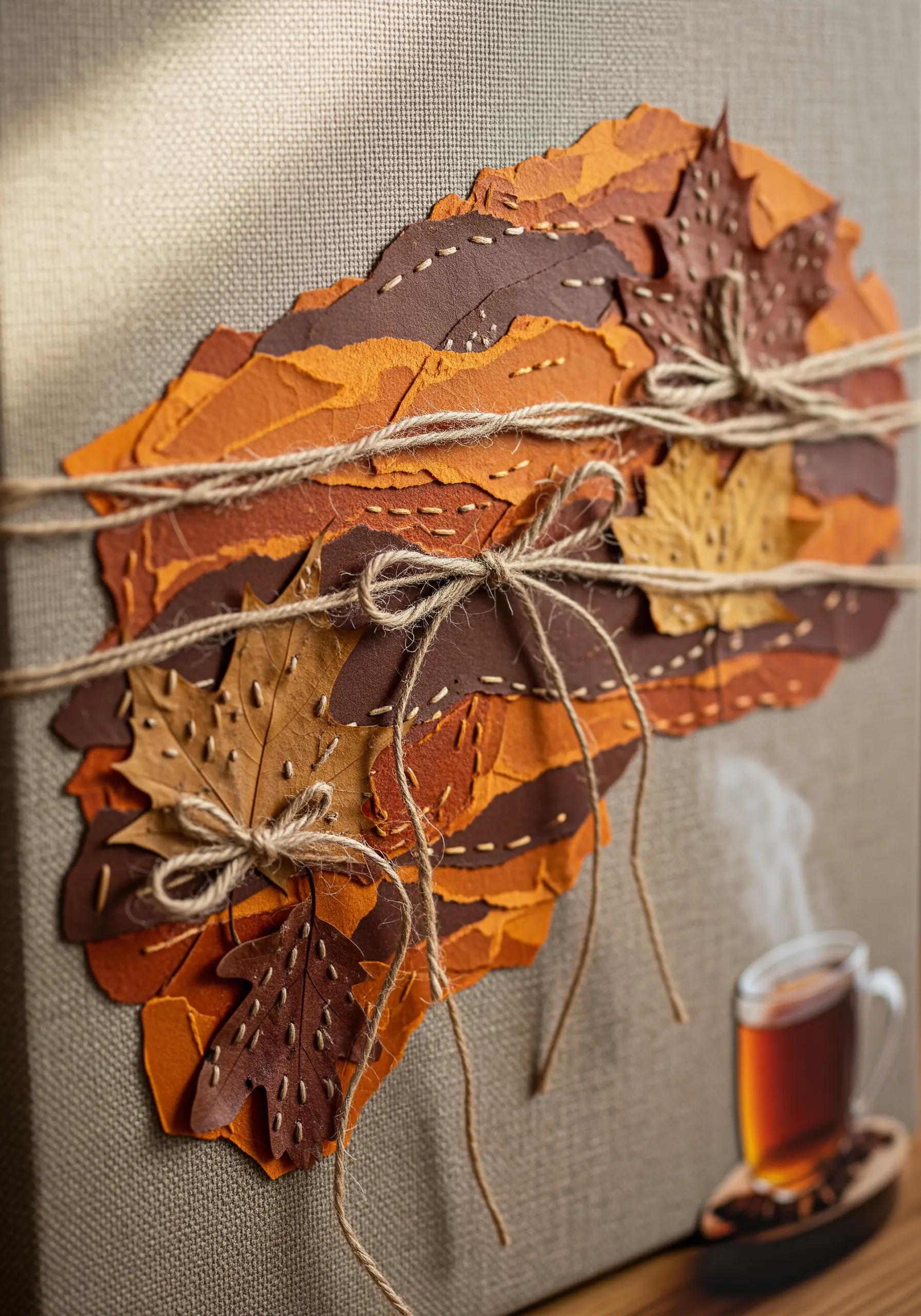 Torn paper leaves stitched onto canvas with rustic twine