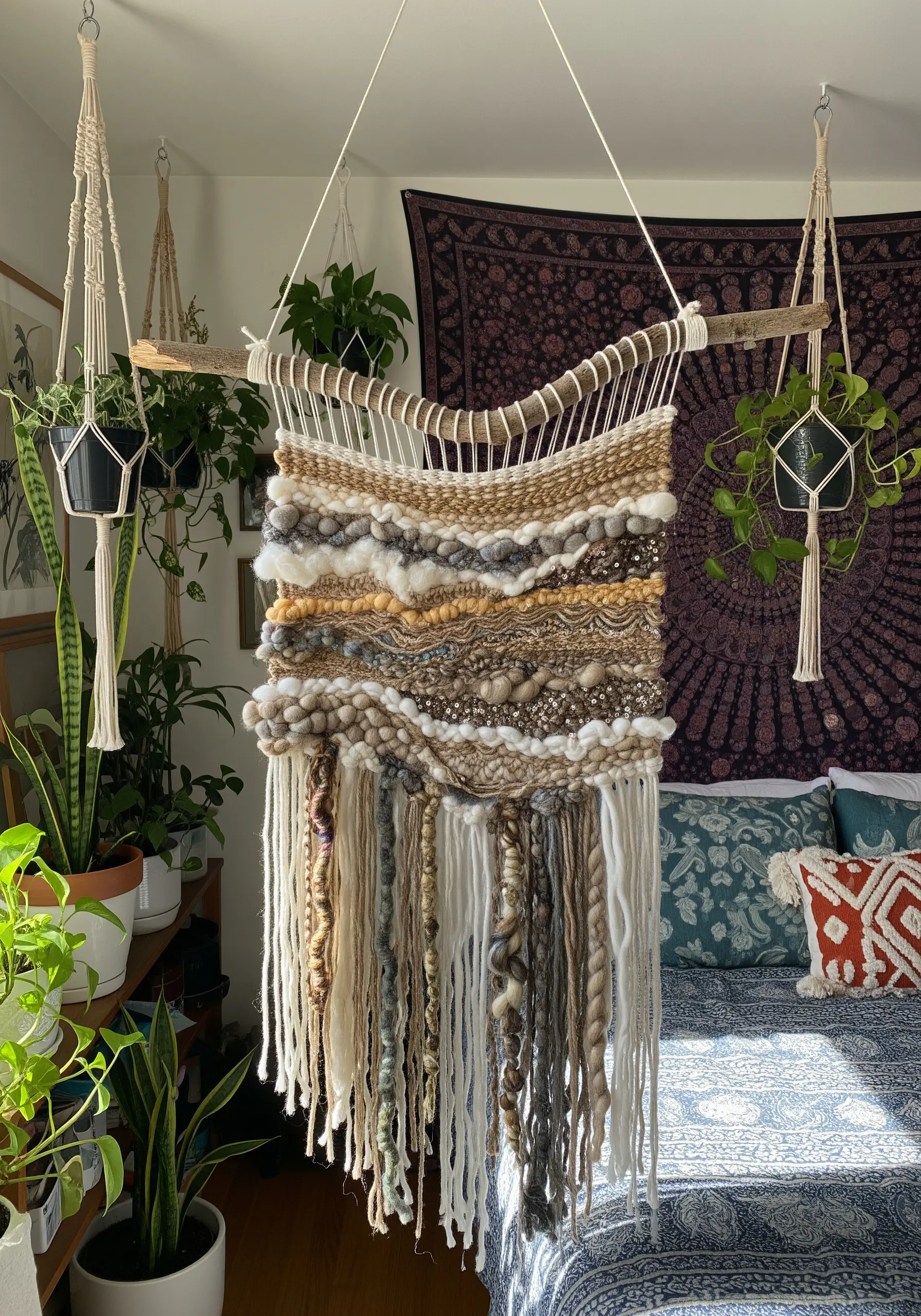 Woven wall hanging suspended from a curved natural branch