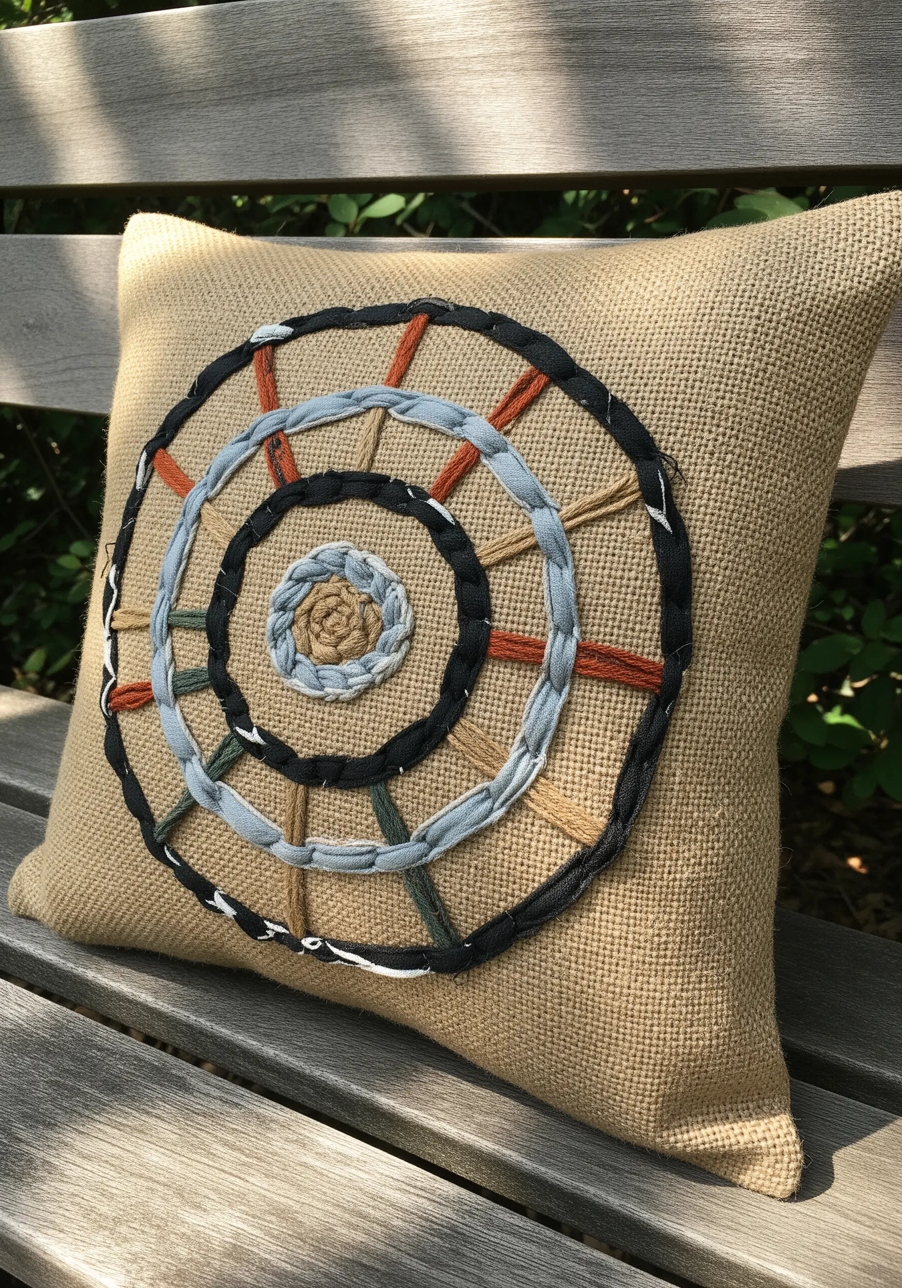 A rustic mandala on a burlap pillow made from wrapped fabric strips in muted colors.