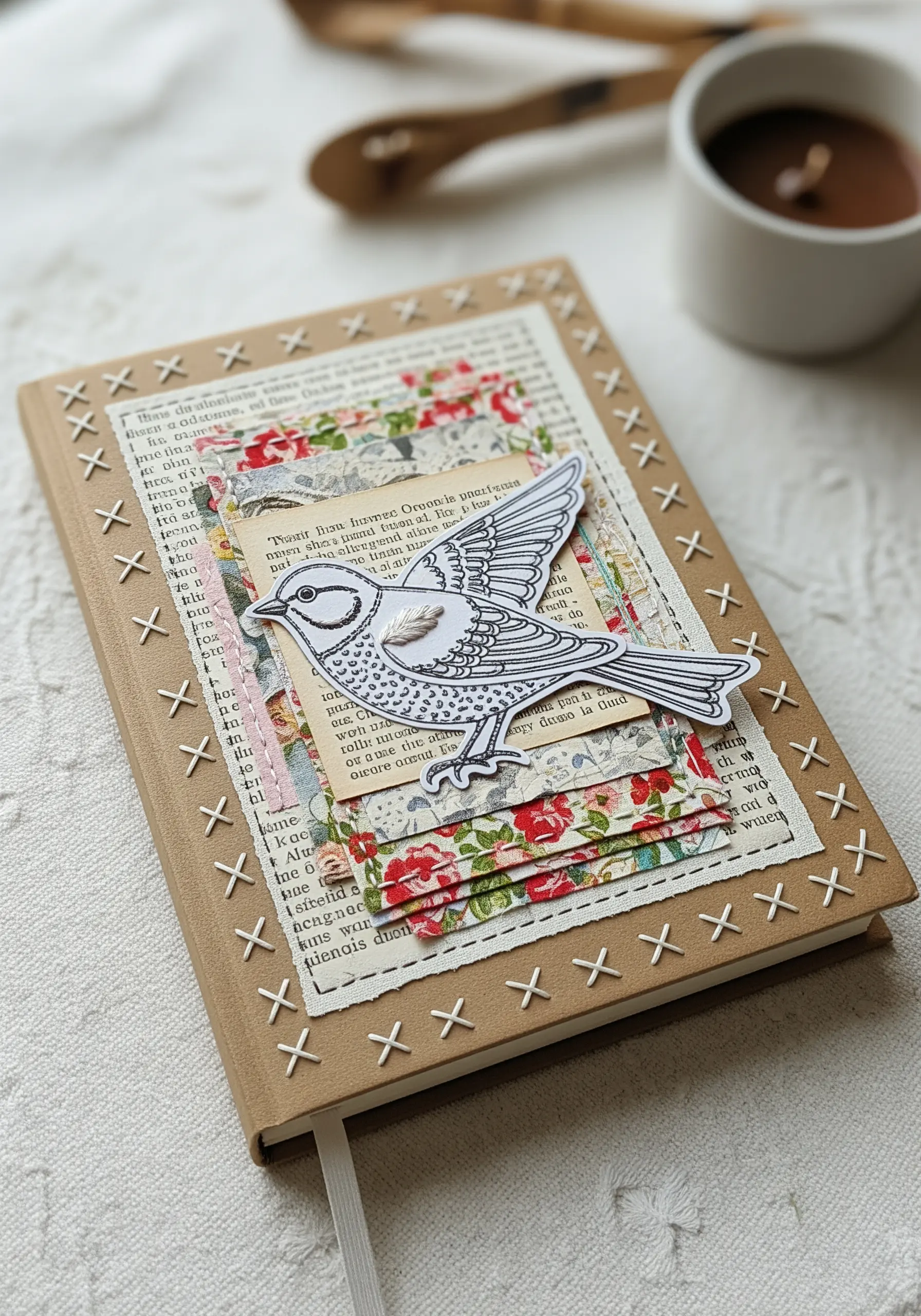 A journal cover decorated with a paper collage and a bold, white cross-stitch border.