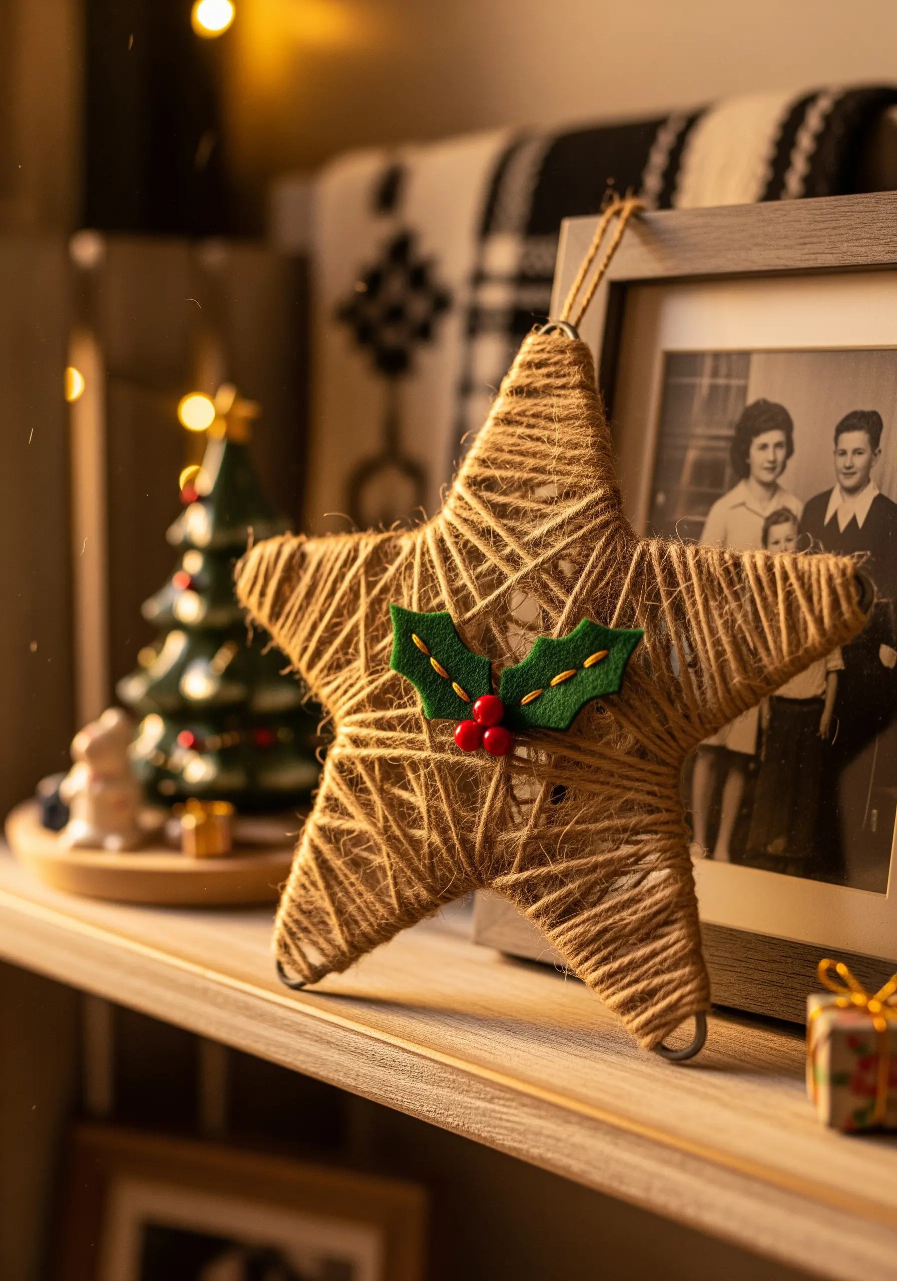 Star ornament wrapped in jute twine with felt holly detail