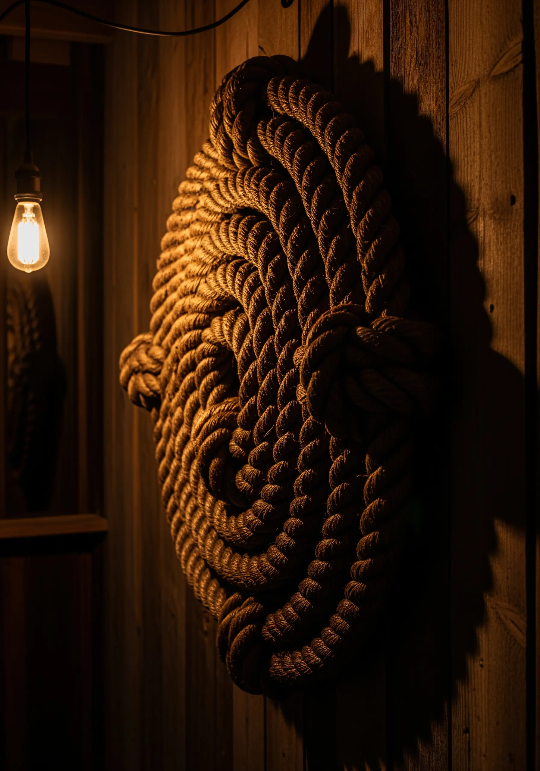 A large, circular sculpture made of thick, coiled natural rope, lit dramatically from the side.