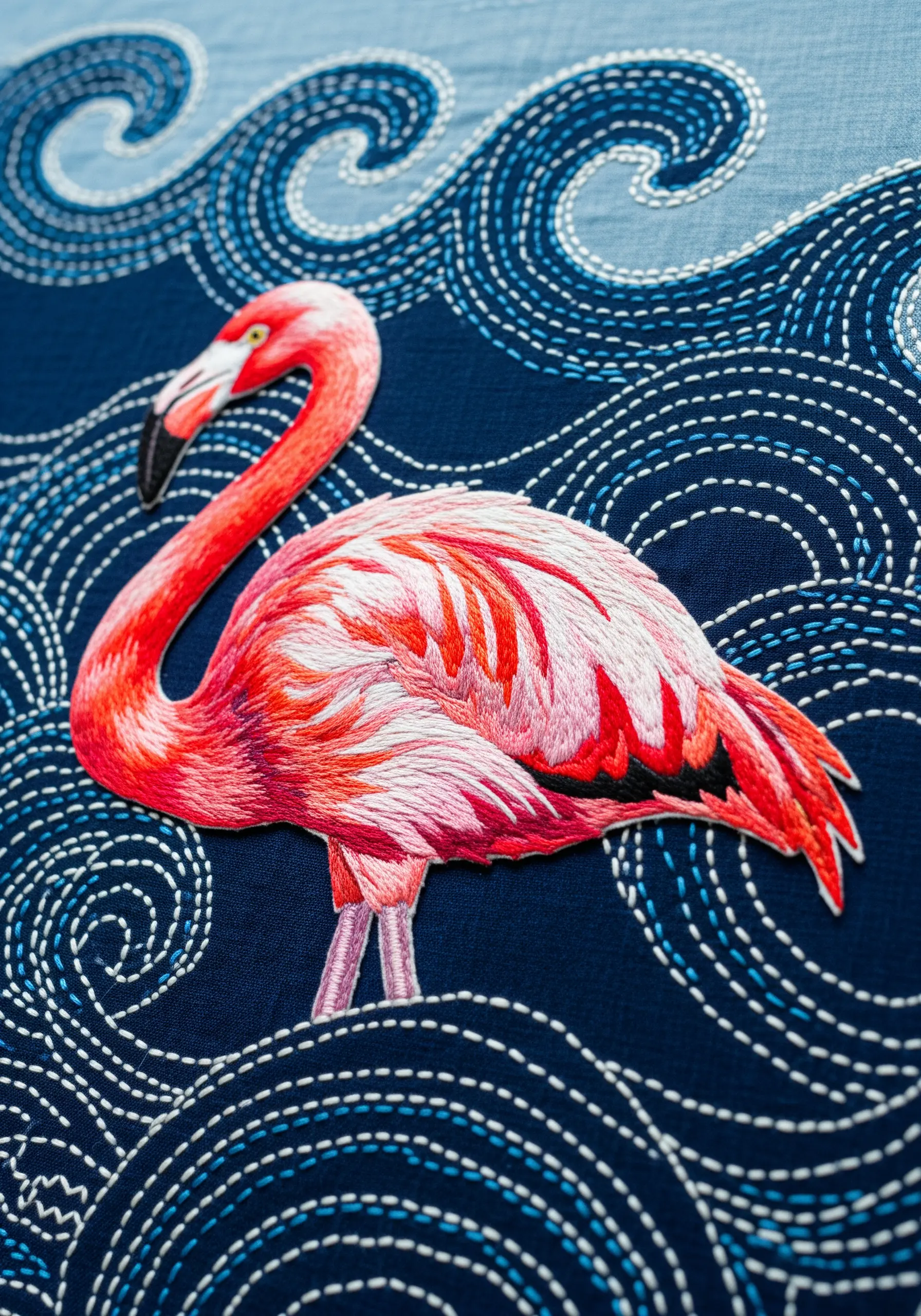 Thread painted flamingo against a Sashiko wave background