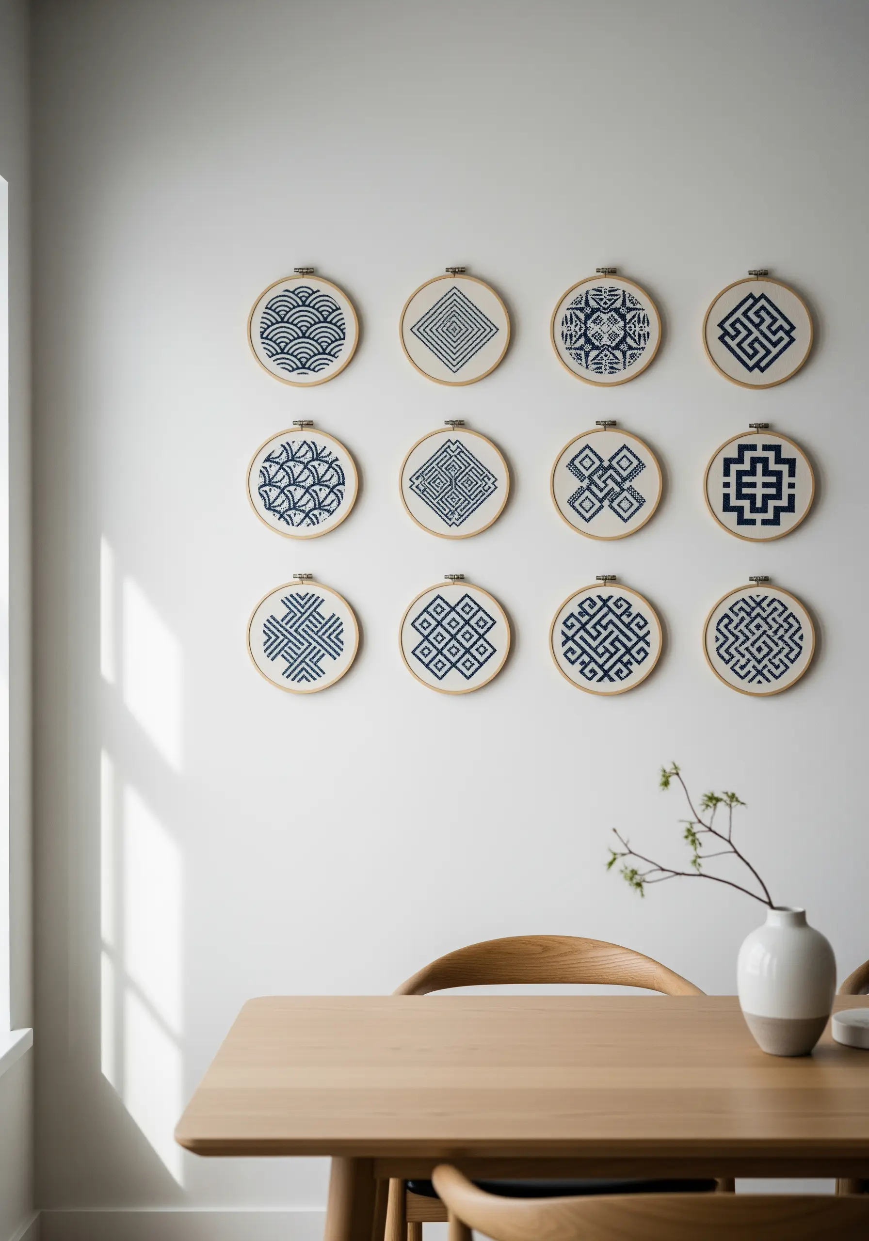 Blue and white sashiko embroidery patterns in wooden hoops