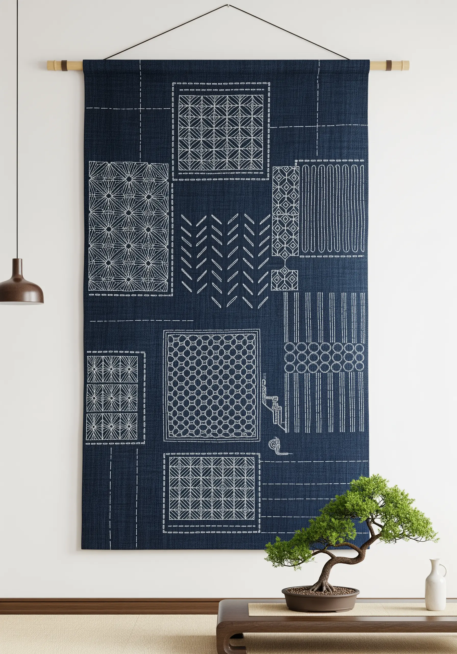 Indigo blue fabric wall hanging with white sashiko stitching