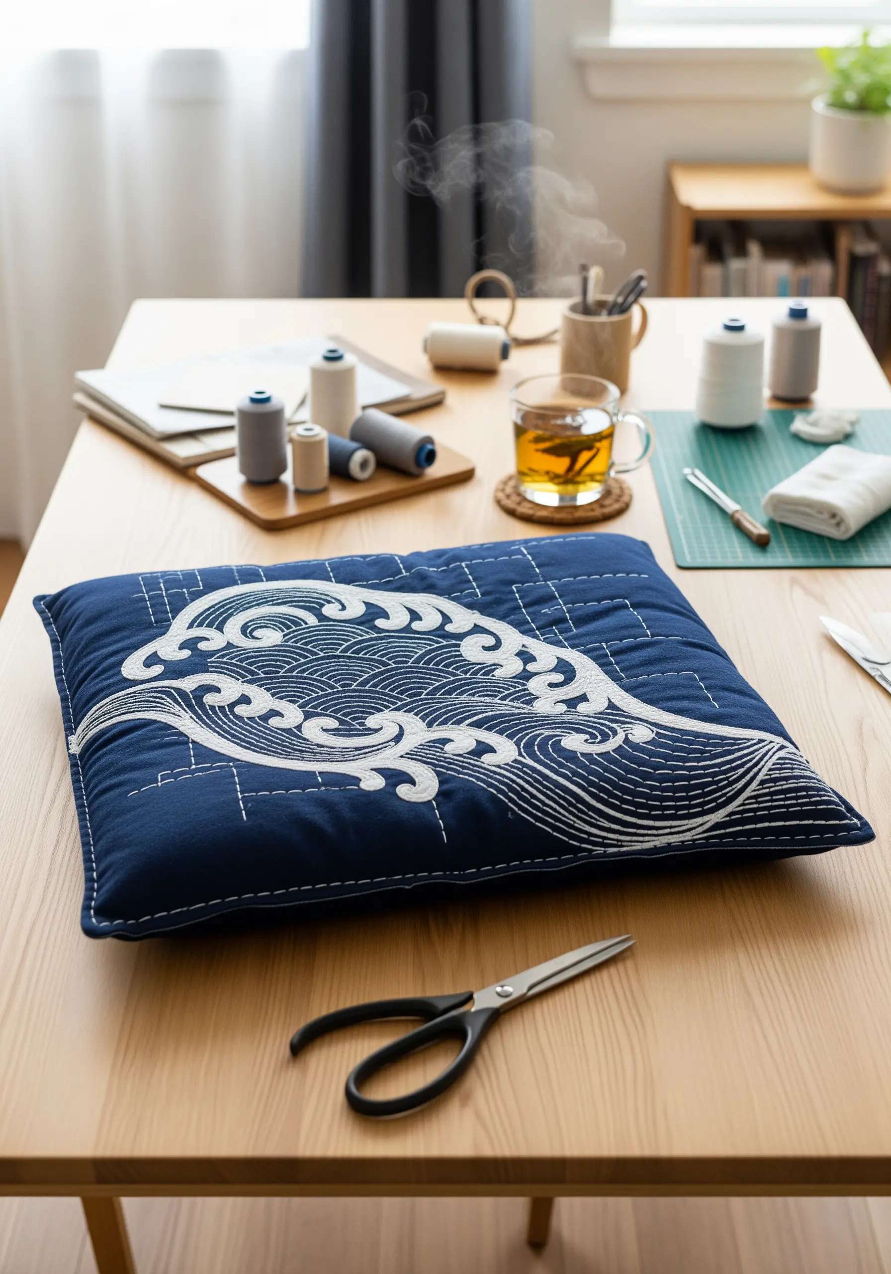 Japanese Sashiko-style wave pattern stitched in white thread on a quilted navy blue cushion.