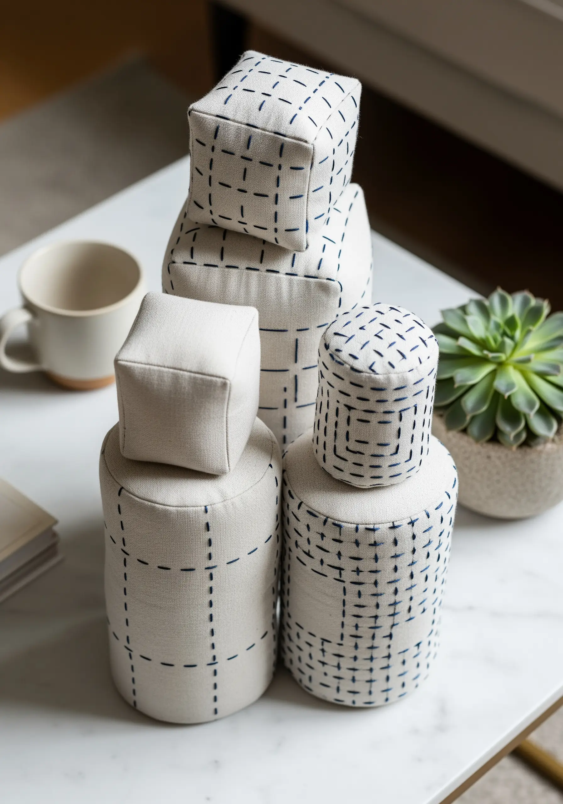 Linen fabric blocks with blue sashiko stitching