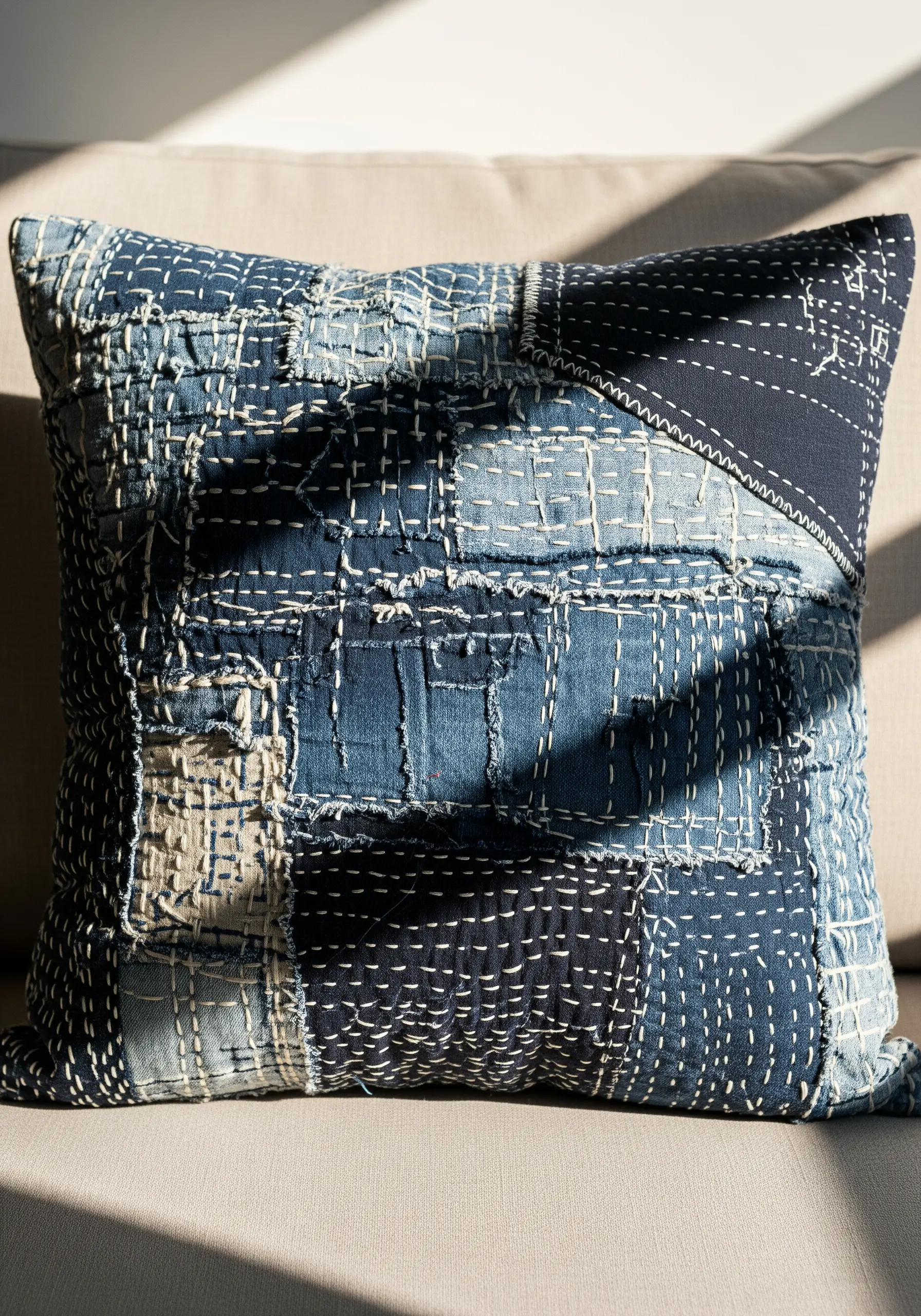 Sashiko stitching on denim patchwork cushion