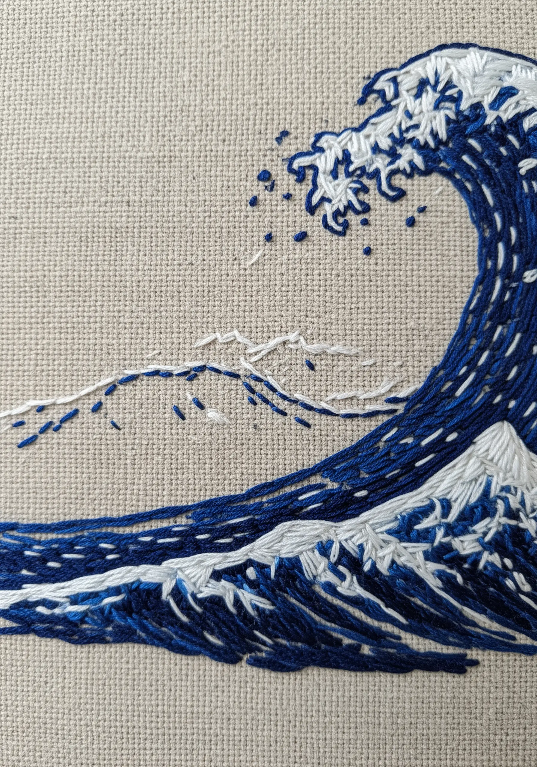 Great Wave off Kanagawa embroidery using sashiko style running stitches