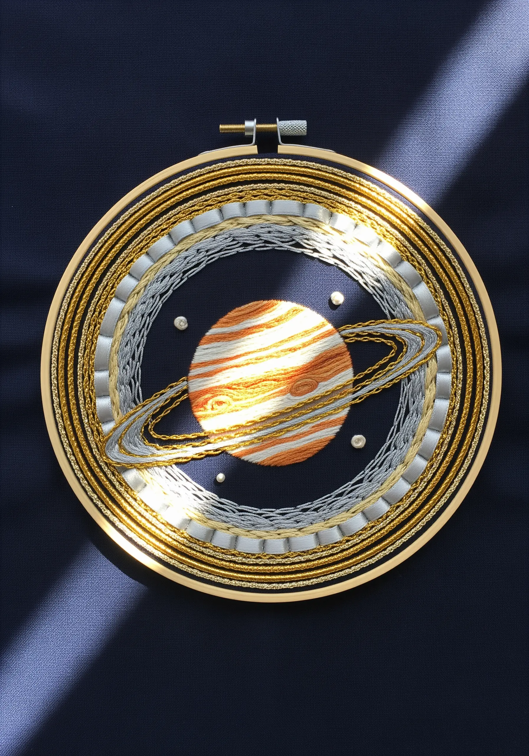 Embroidery of Jupiter with concentric rings made of wrapped gold, silver, and white threads.