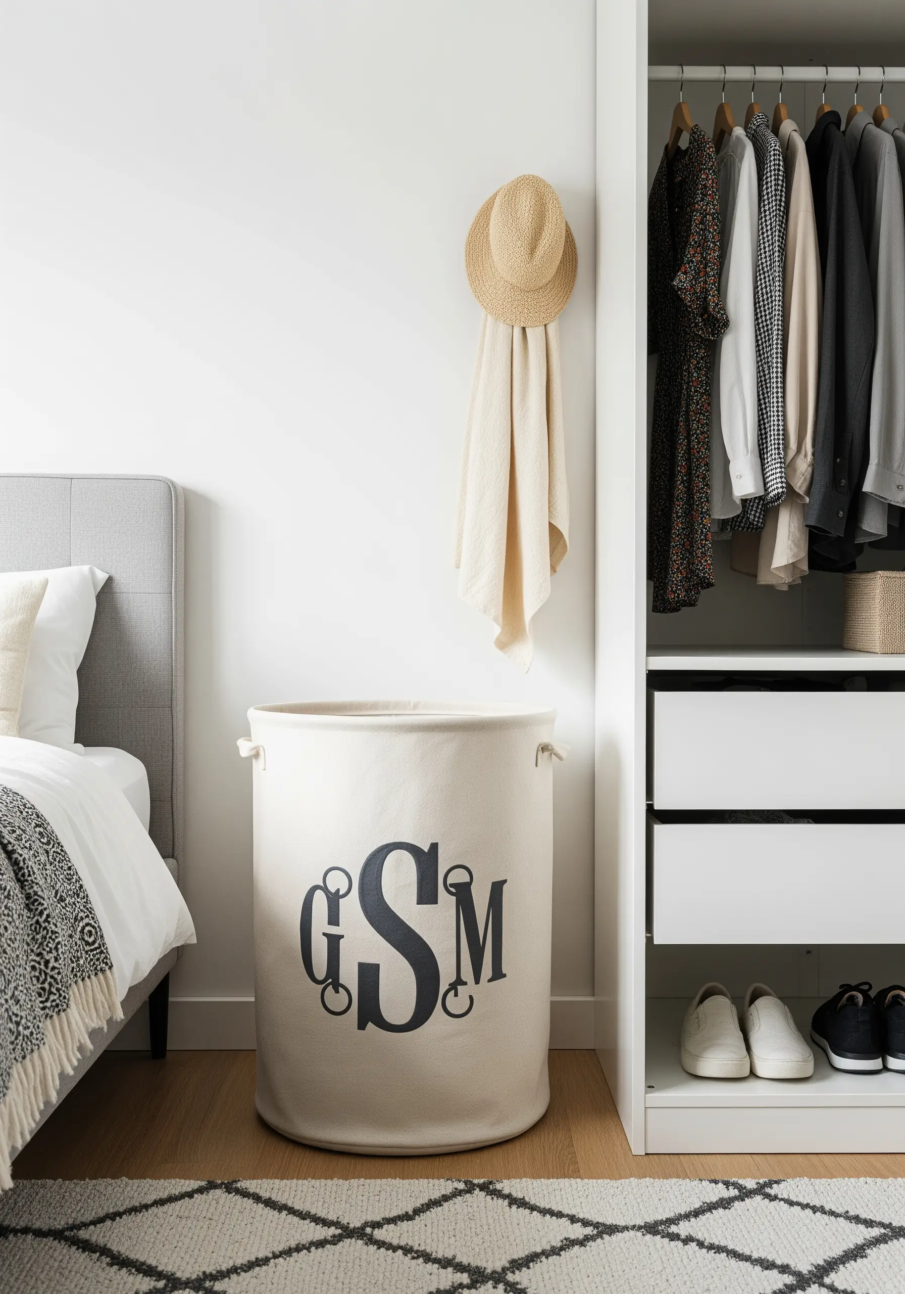An oversized, dark blue monogram on a large, light-colored canvas laundry basket.