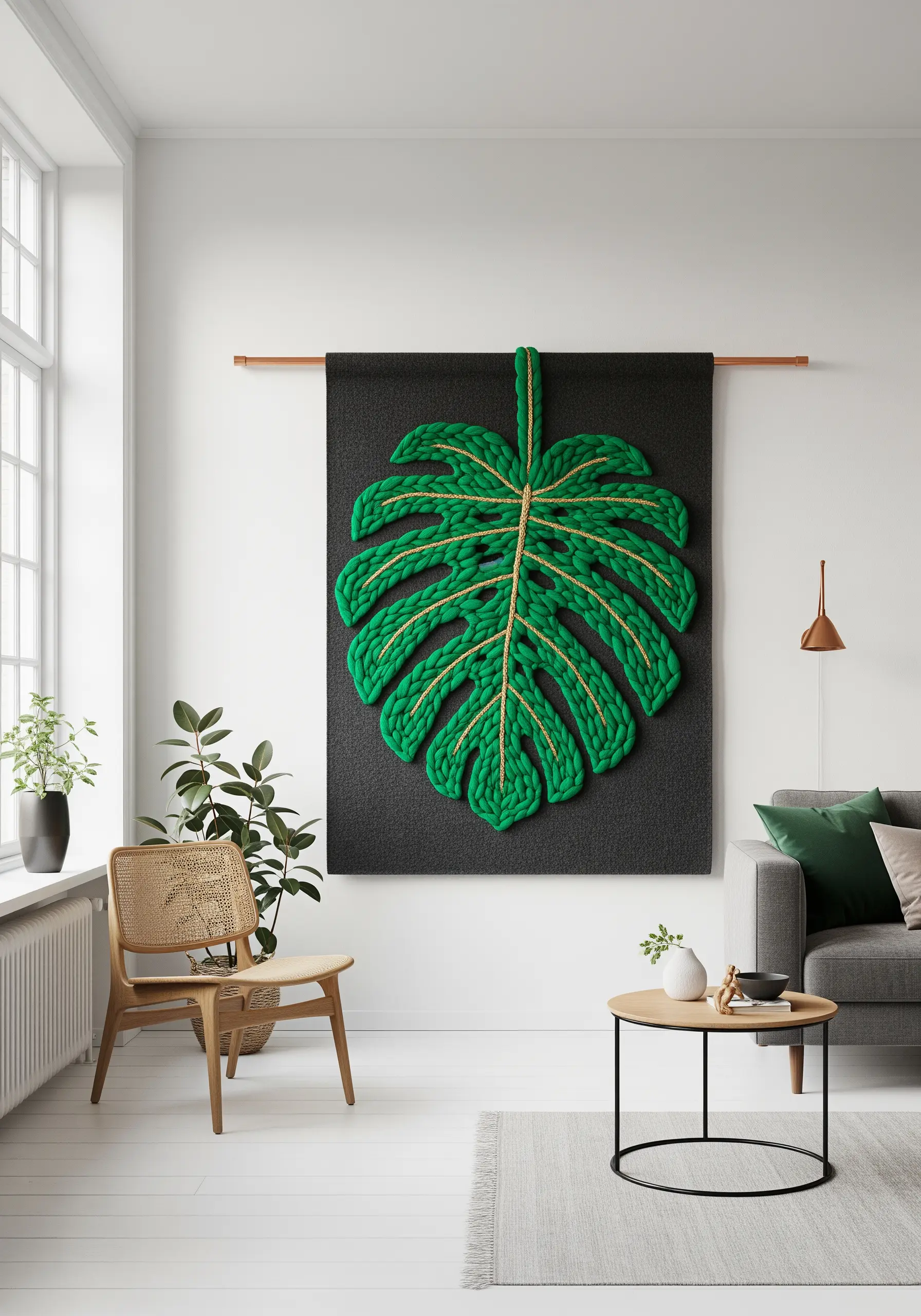 A large-scale wall hanging of a Monstera leaf made with thick green yarn.