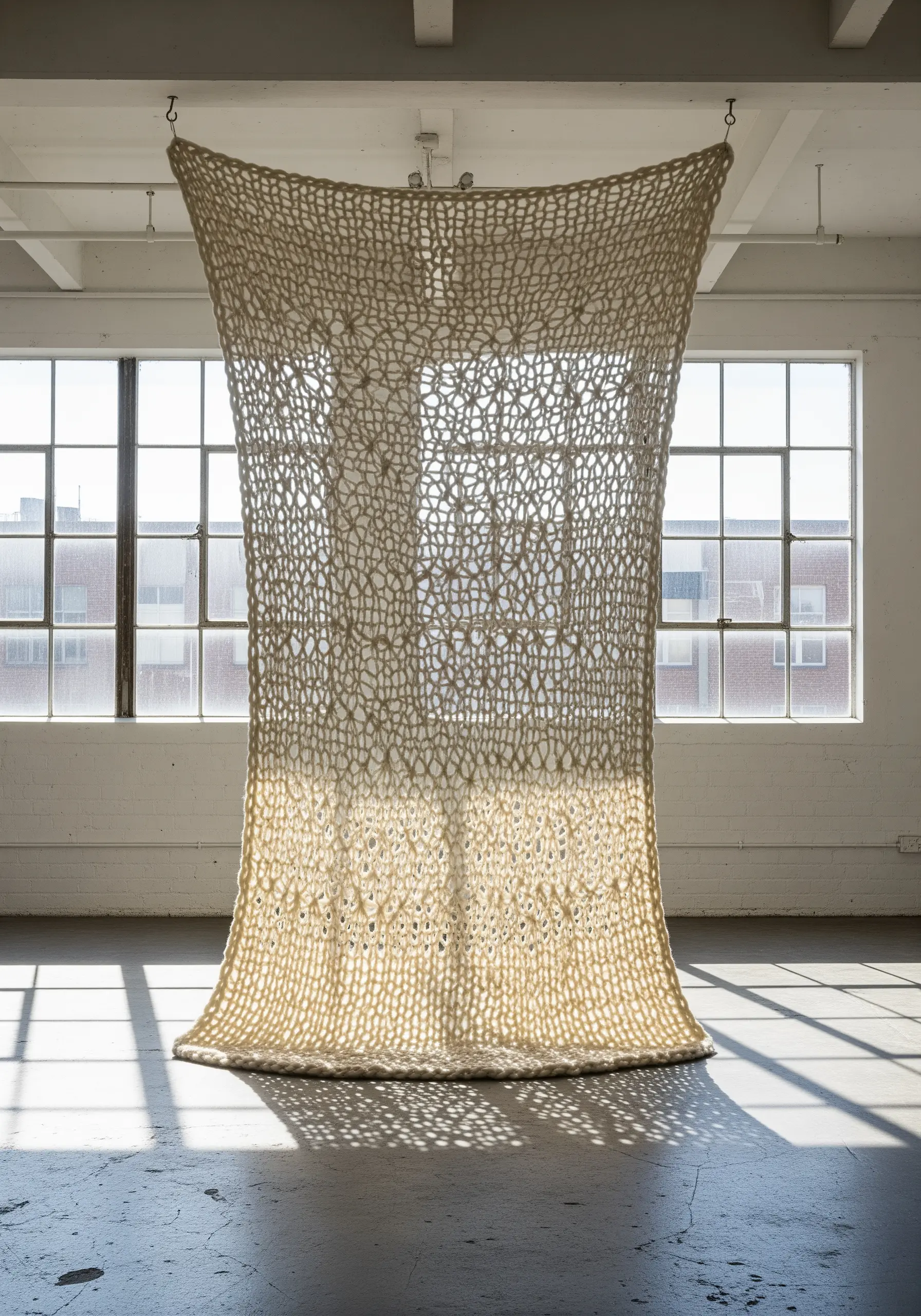 A giant, open-weave knitted installation hanging in a sunlit industrial loft space.