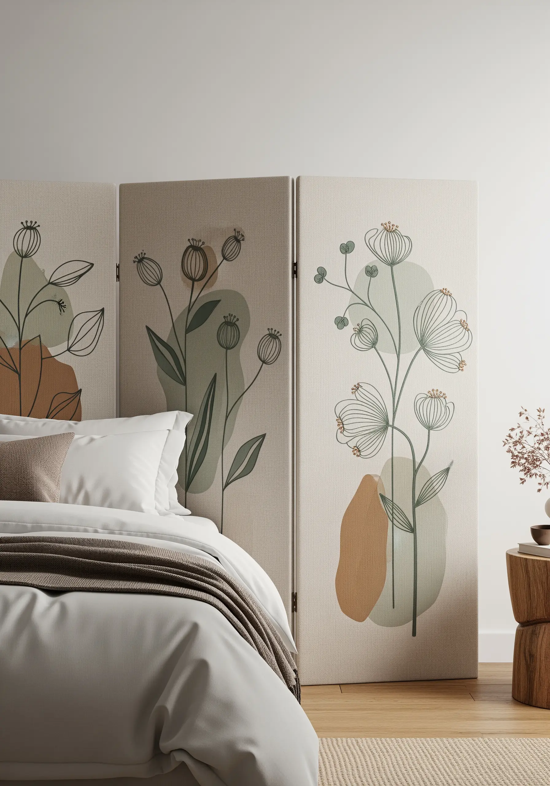 A three-panel room divider with embroidered botanical line art over painted color blocks.