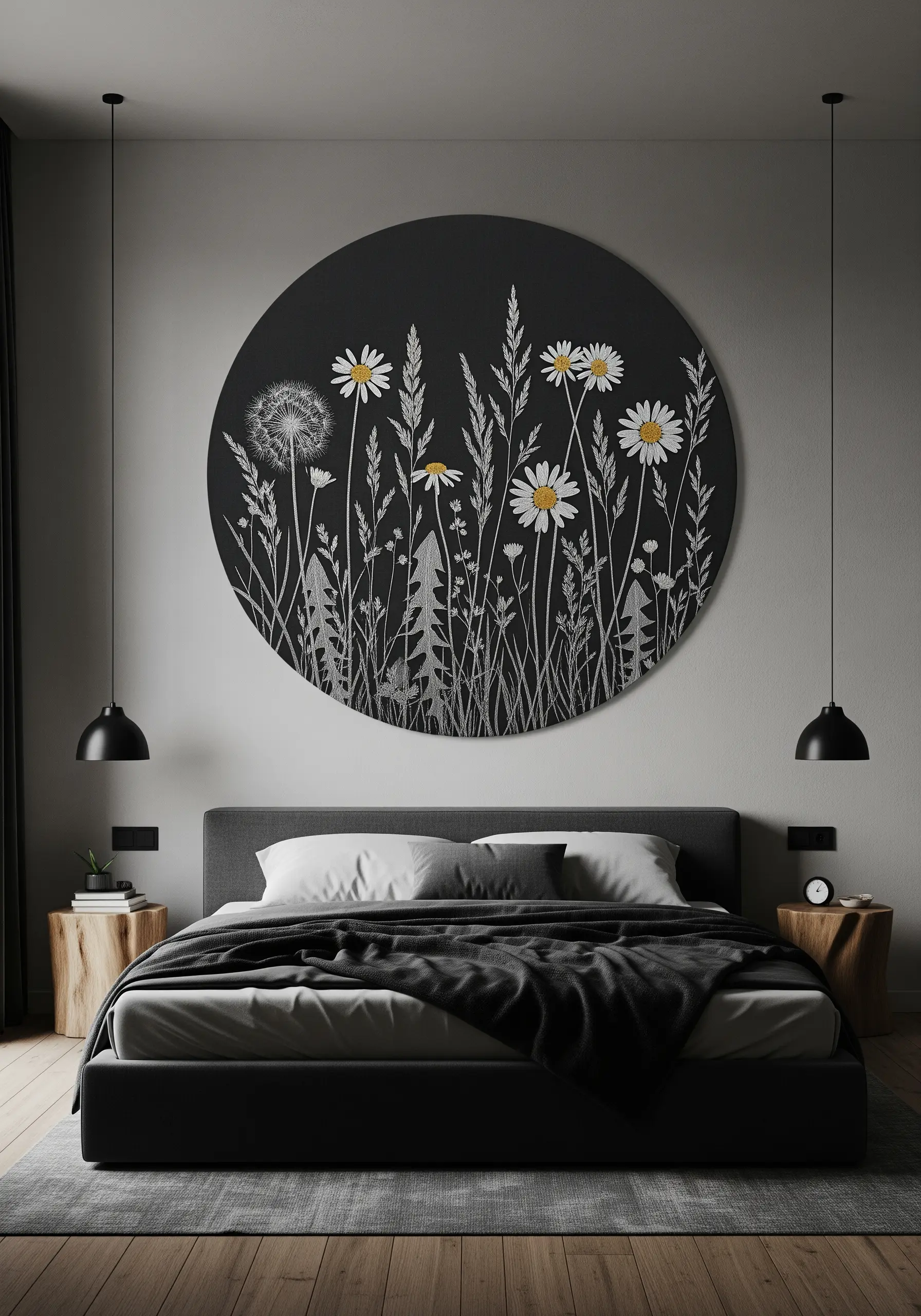 A large, circular black wall hanging with white line-art embroidery of wildflowers above a bed.