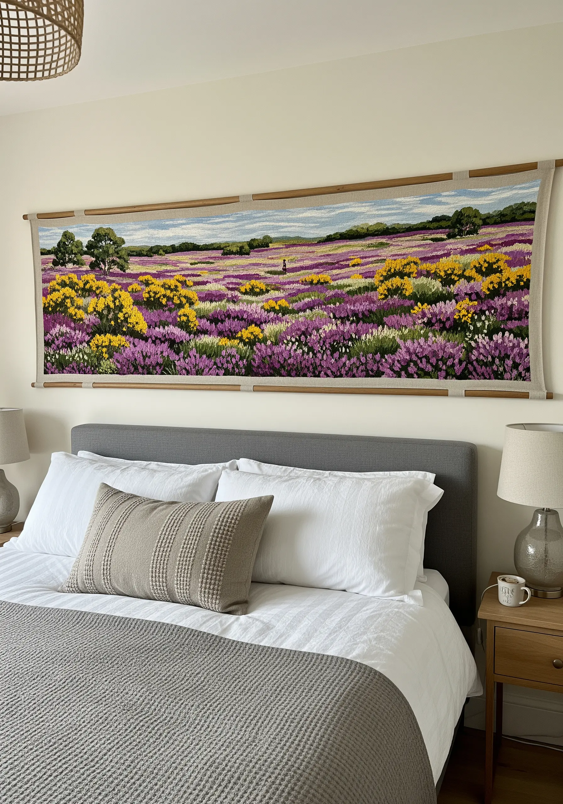 A large embroidered tapestry of a lavender and gorse field hanging above a bed as a headboard.