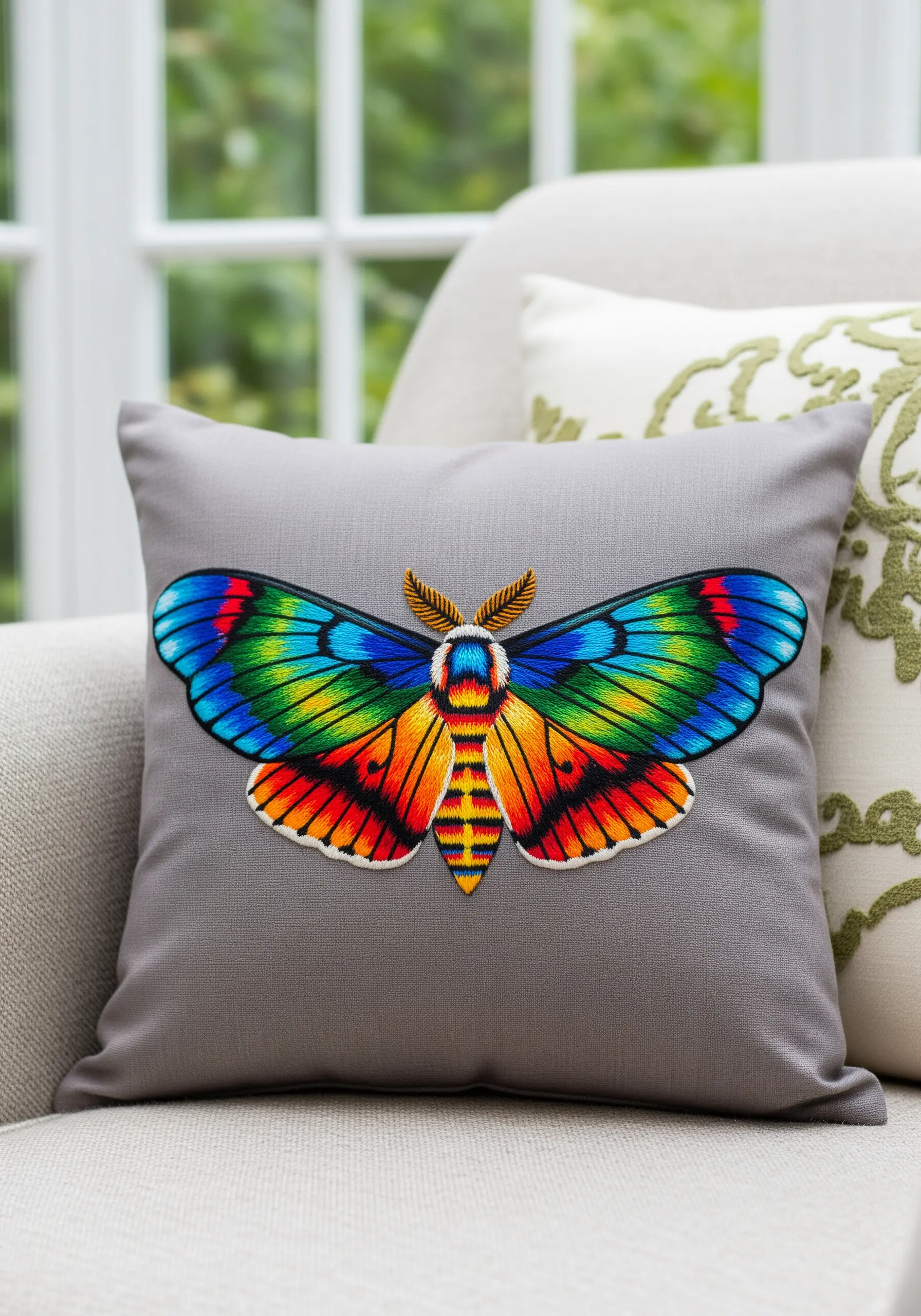 A large, rainbow-colored embroidered moth on a gray decorative throw pillow.