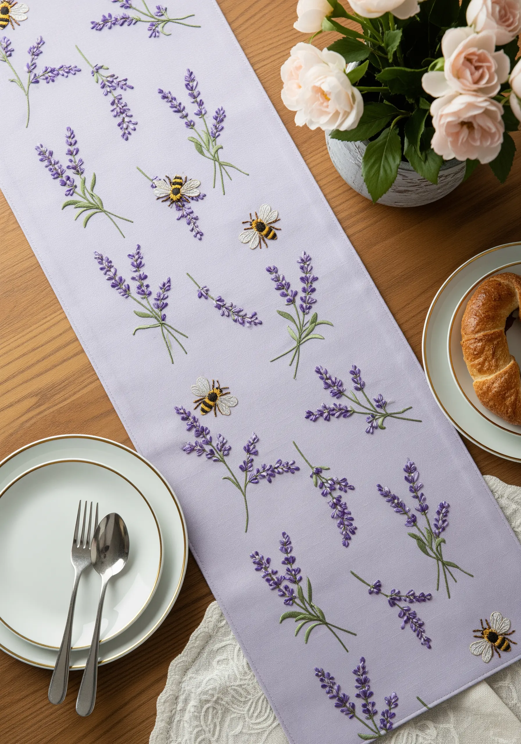 A lavender-colored table runner with scattered embroideries of lavender sprigs and bumblebees.