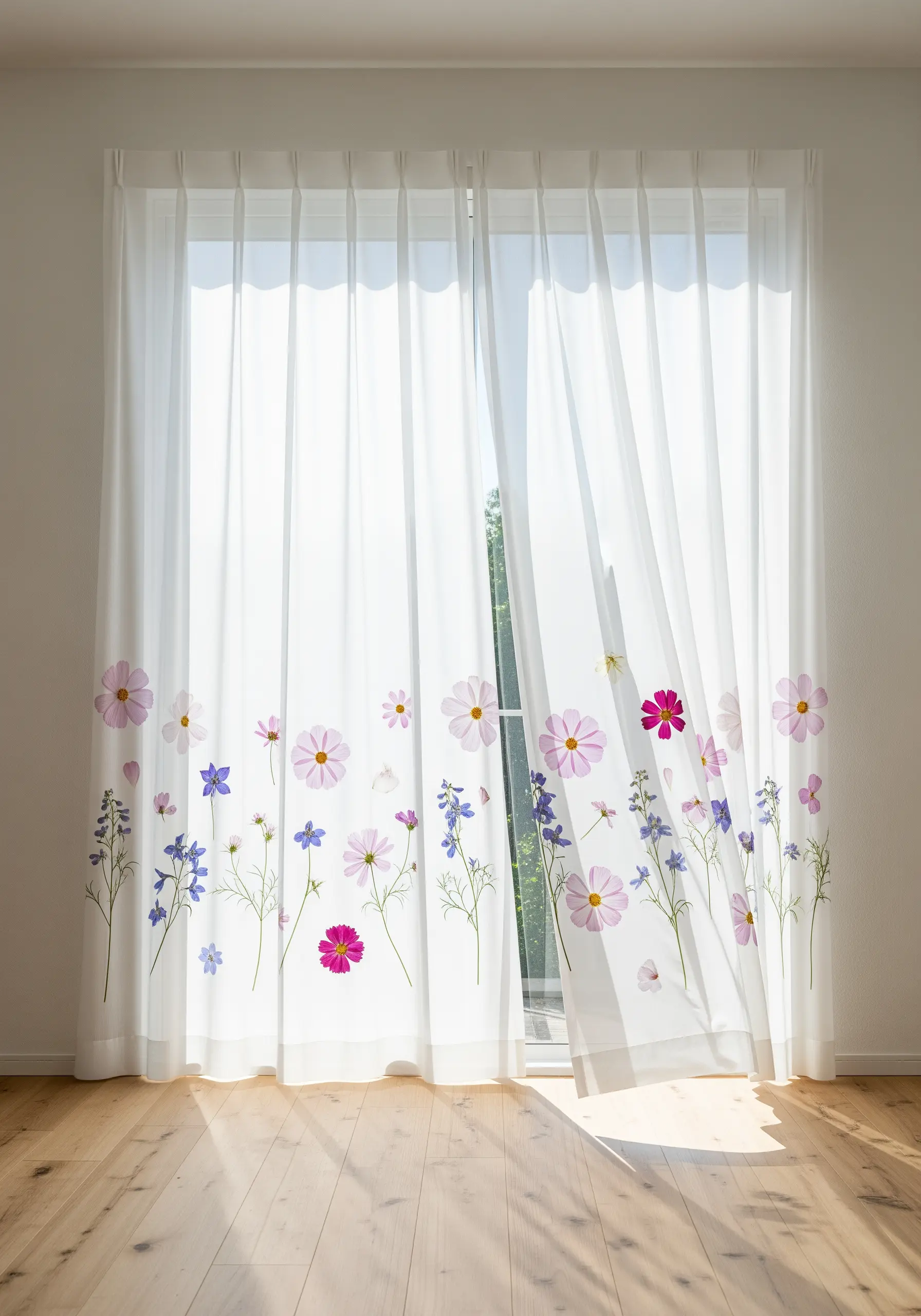Sheer white curtains with a border of embroidered cosmos and other delicate wildflowers.