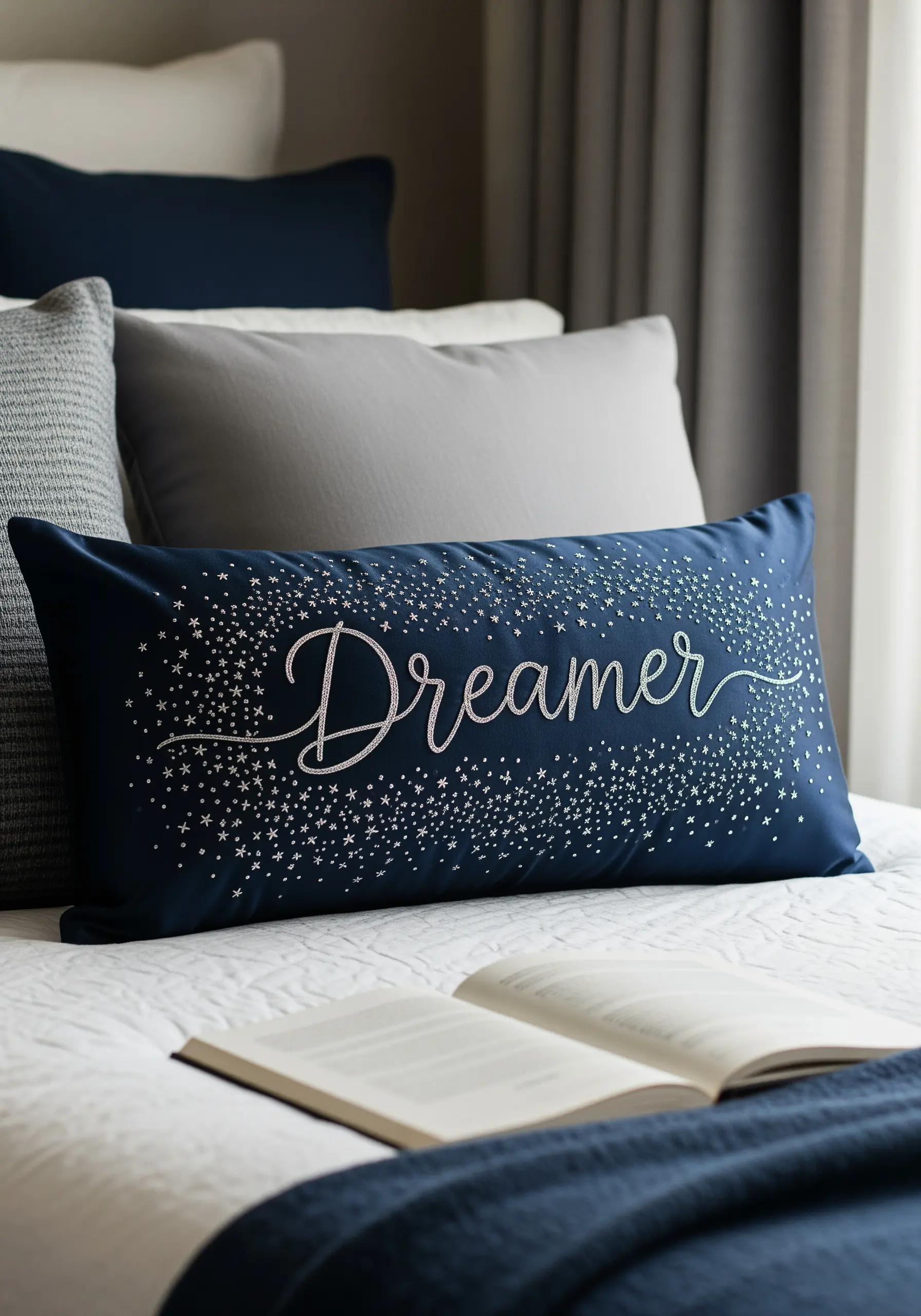 Cursive lettering for the word 'Dreamer' surrounded by a dense scattering of tiny star stitches.