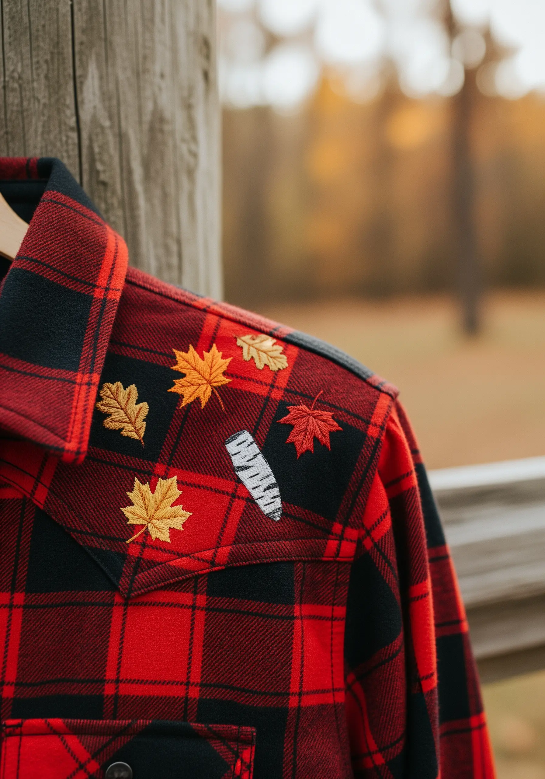 Embroidered autumn leaves and birch bark scattered across the shoulder of a red plaid flannel shirt.